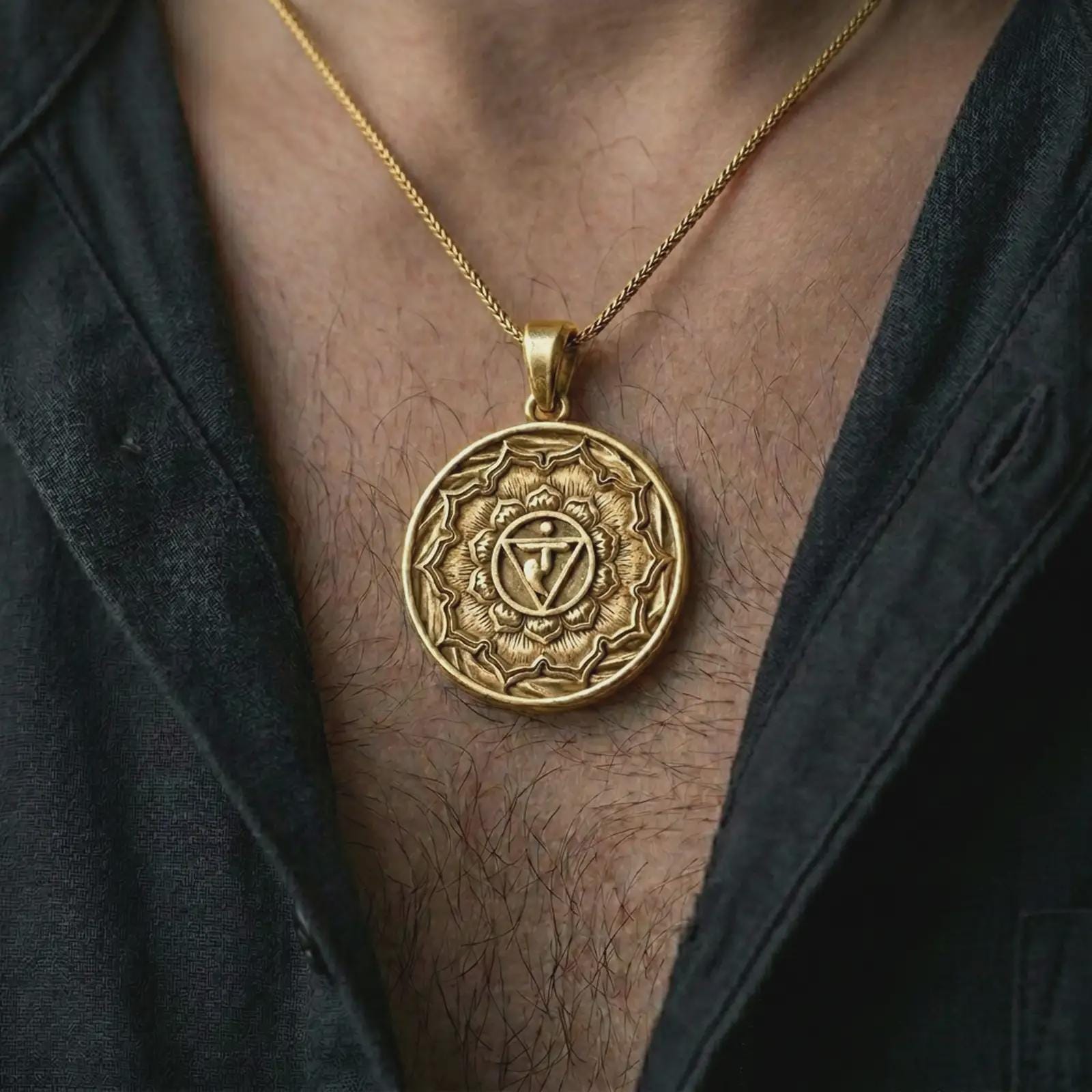 Gold plated Manipura chakra pendant necklace worn on the chest, premium lifestyle jewelry photo with the Manipura mandala pendant centered on a spiga chain.