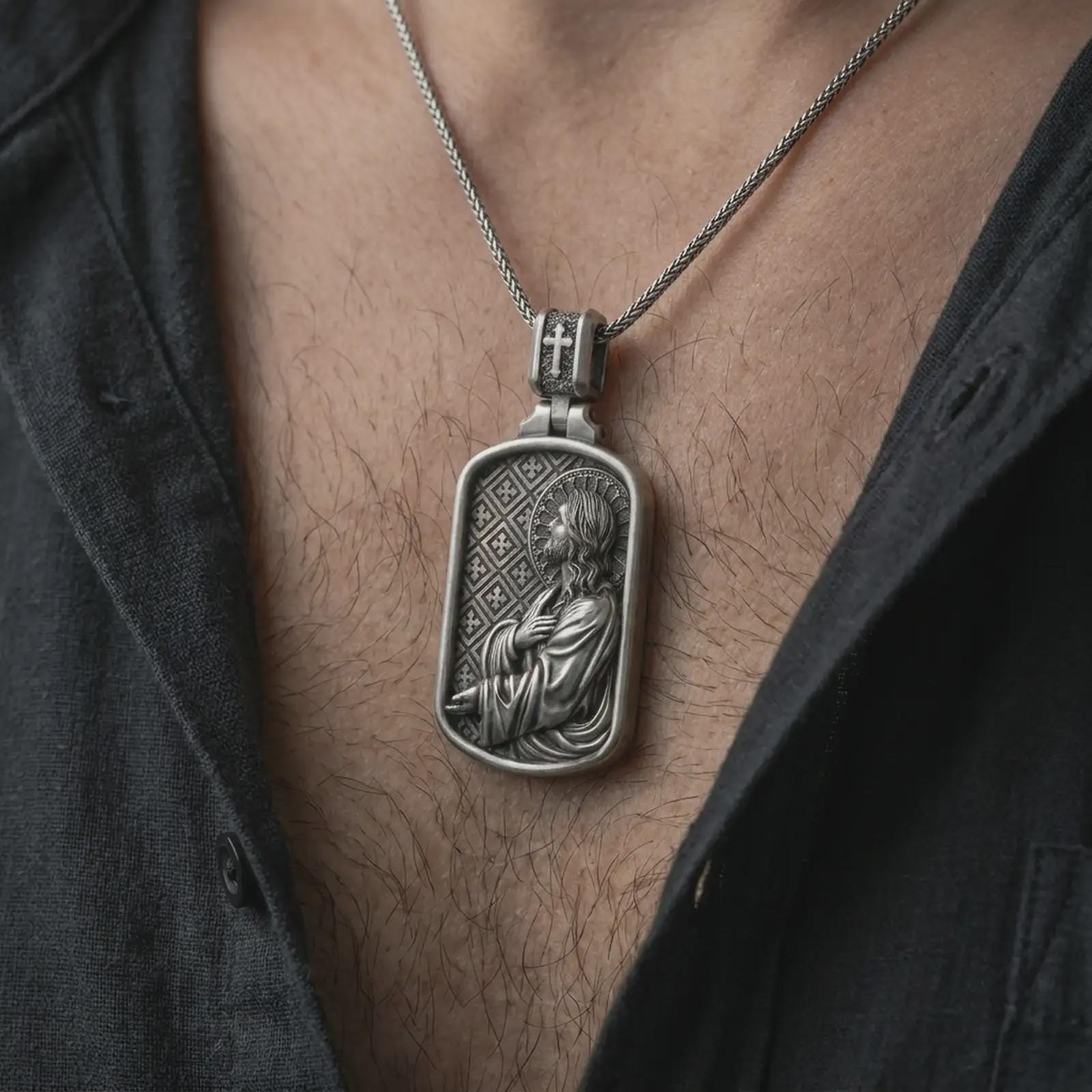 Oxidized Jesus prayer dog tag pendant necklace worn on the chest, close-up lifestyle jewelry photo showing the Christian medallion on a spiga chain with dark clothing.
