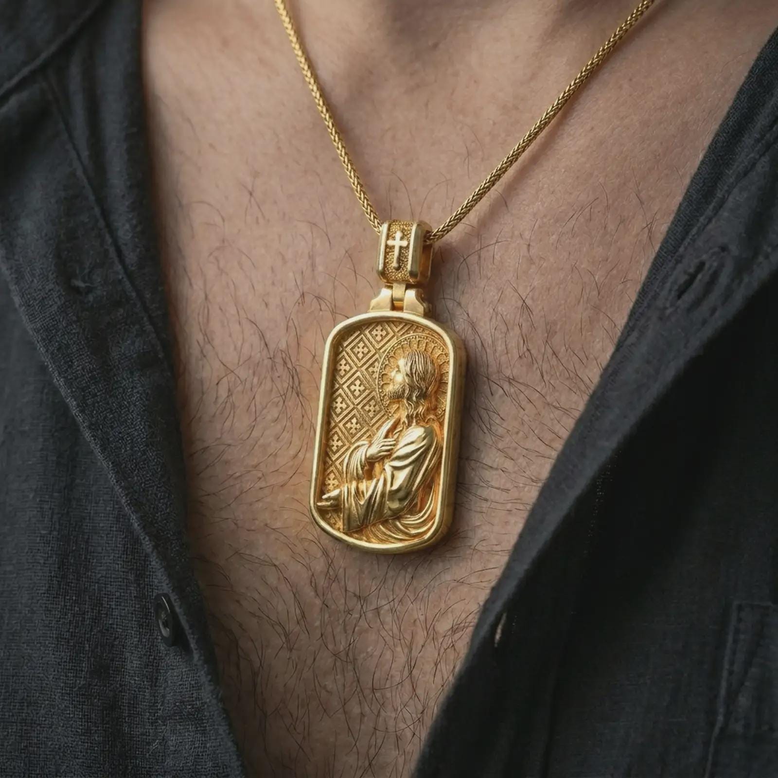 Gold plated Jesus prayer dog tag pendant necklace worn on the chest, premium lifestyle jewelry photo with the Jesus prayer dog tag medal centered on a spiga chain.