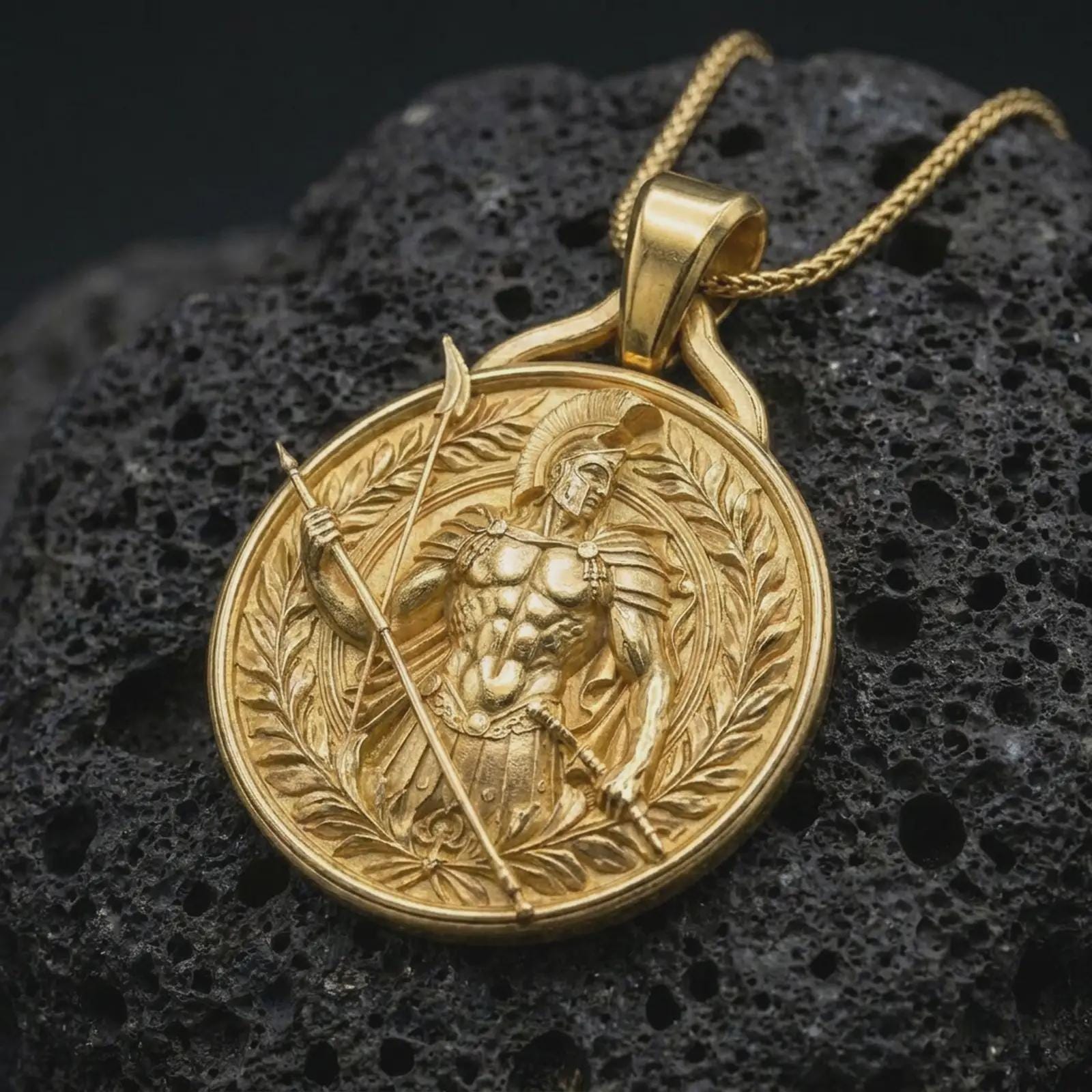 A gold plated Spartan warrior pendant lies on textured volcanic rock in a dramatic studio macro shot, highlighting the courage symbol design.