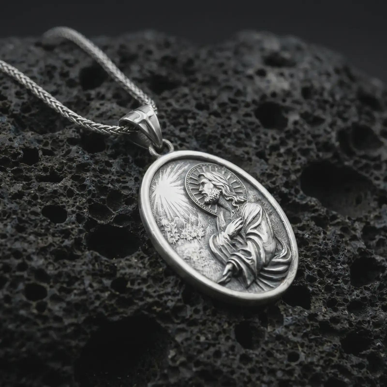Polished silver Jesus Christ prayer pendant necklace on textured volcanic rock, centered macro jewelry photo with detailed Christian relief and bright silver highlights.