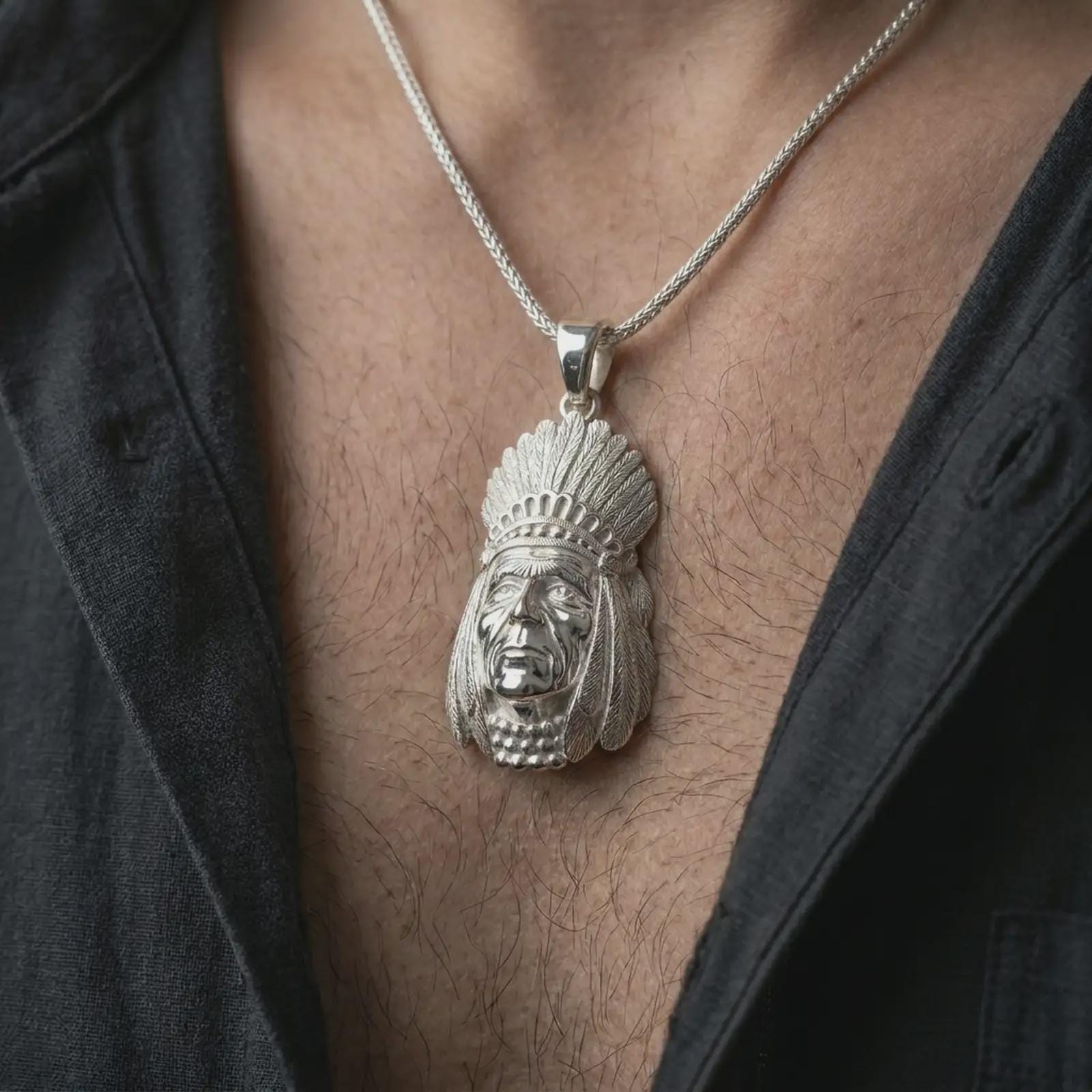 Polished silver feather headdress chief pendant necklace worn on the chest, masculine lifestyle shot highlighting the detailed feather relief and bright silver finish.