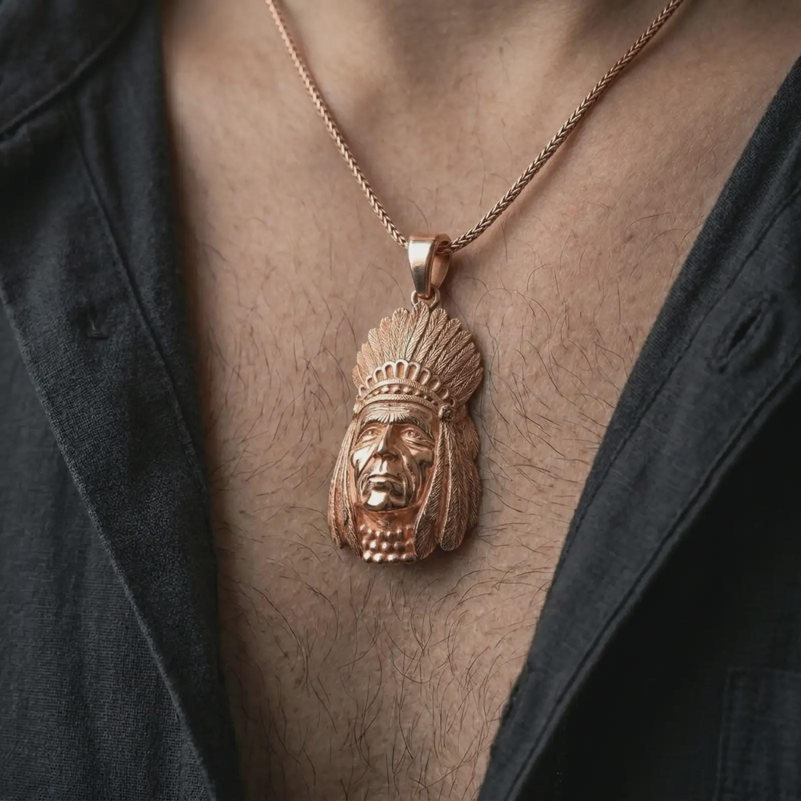 Rose gold plated feather headdress chief pendant necklace worn on the chest, close-up lifestyle shot featuring the feather headdress design with warm rose gold tones.