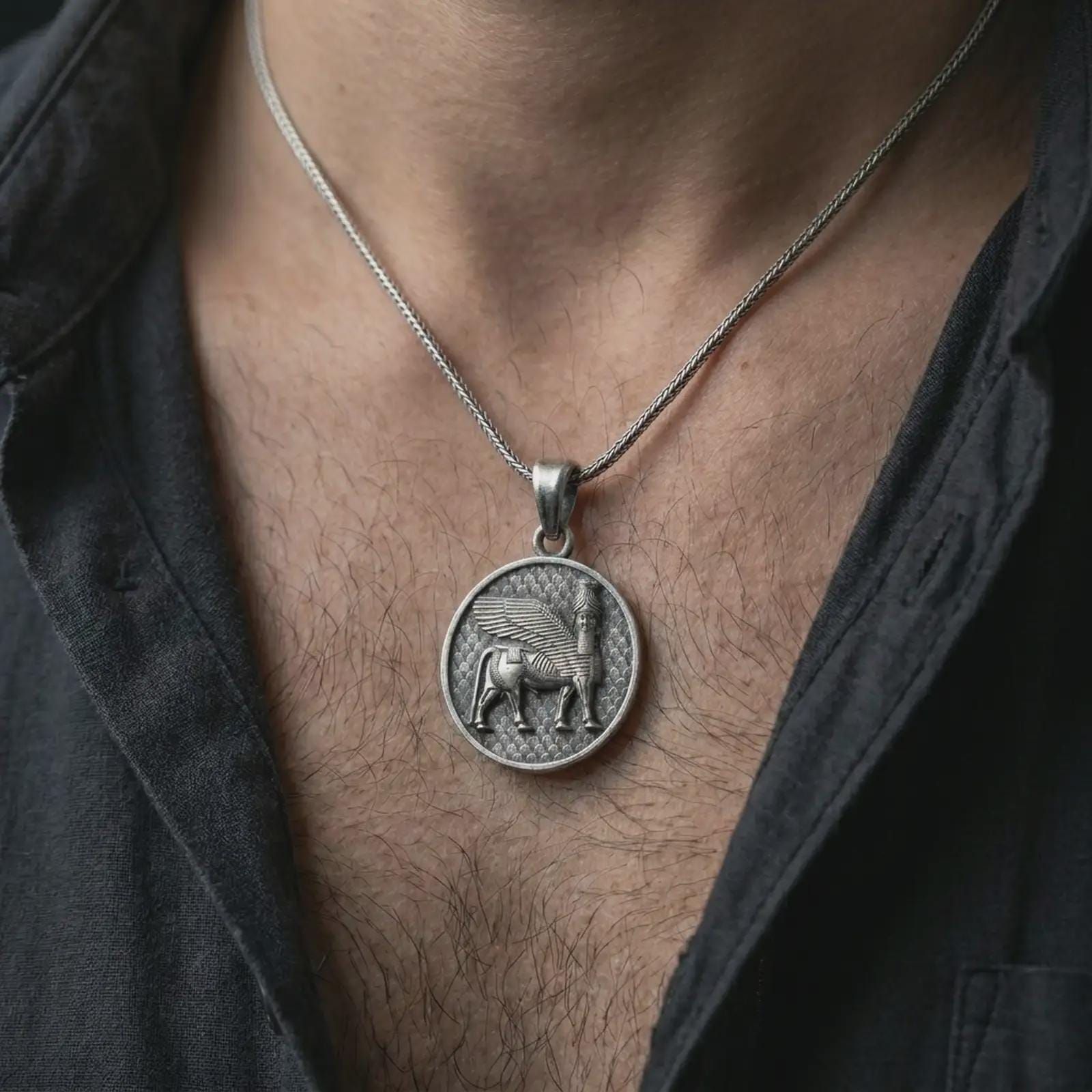 Oxidized Assyrian Lamassu pendant necklace worn on the chest, close-up lifestyle jewelry photo showing the ancient guardian medallion on a spiga chain with dark clothing.