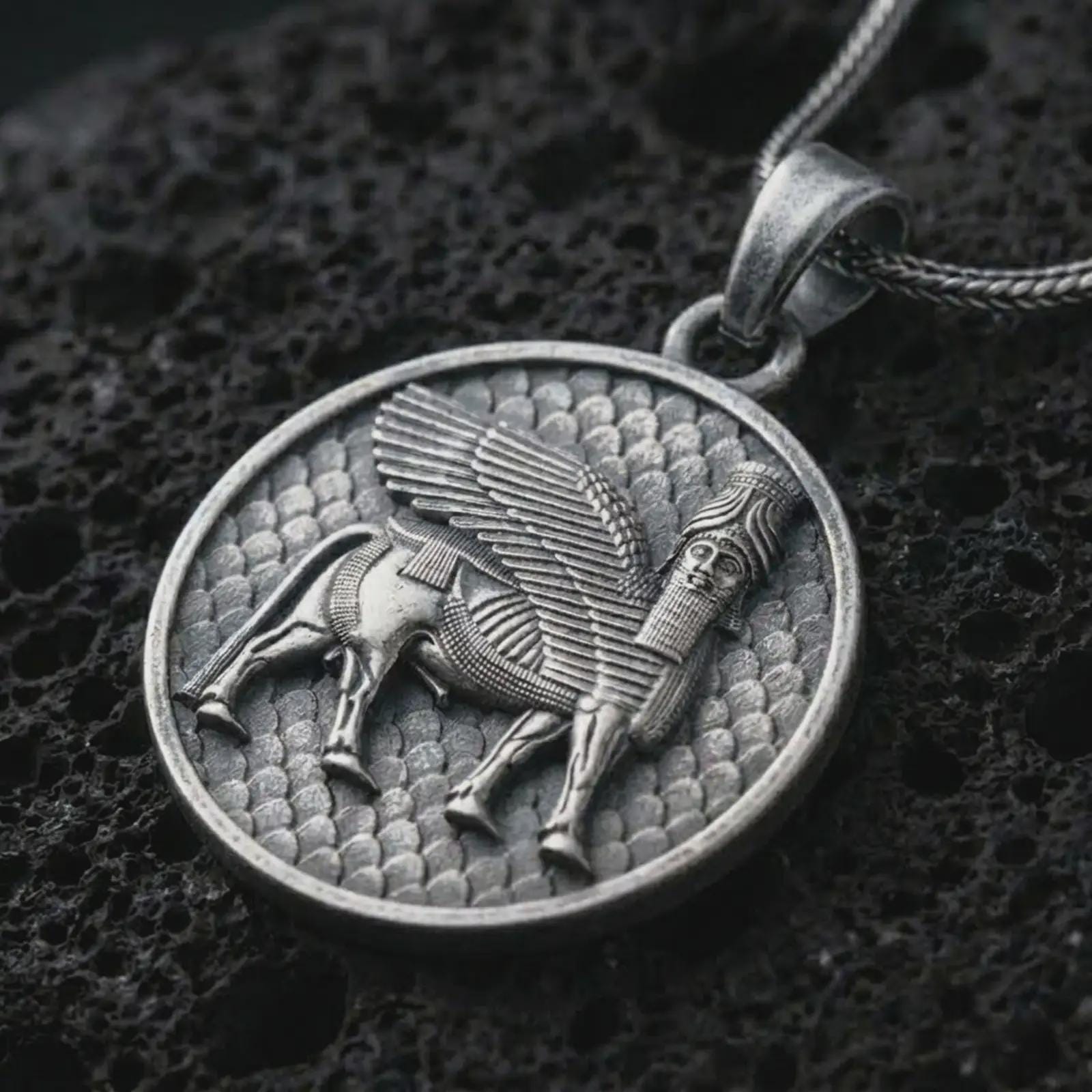 Oxidized Assyrian Lamassu pendant necklace on textured volcanic rock, close-up studio shot highlighting the winged guardian bull, ancient relief details, and antique silver contrast.