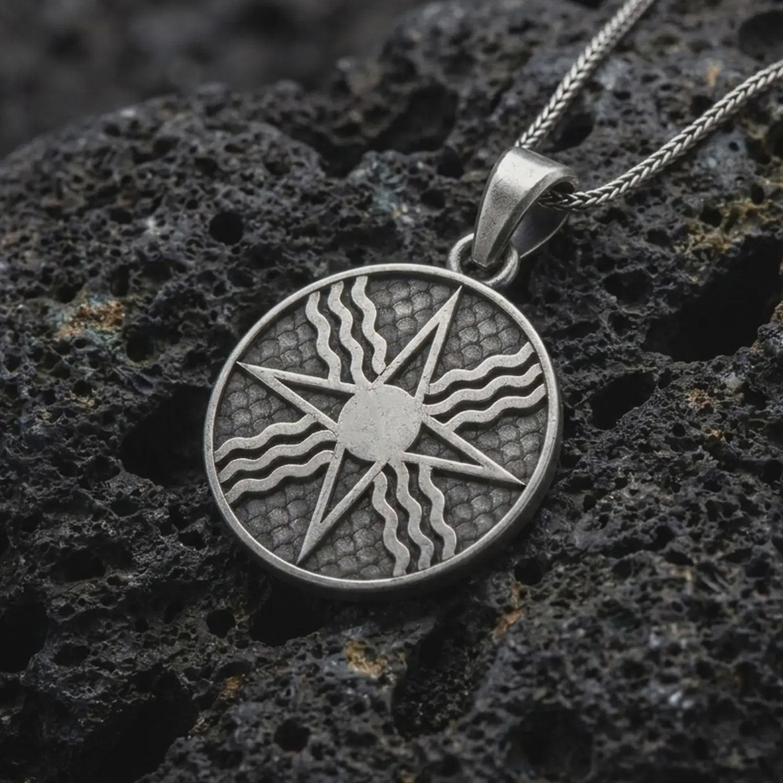 Oxidized Assyrian Lamassu backside of the pendant on textured volcanic rock, close-up studio shot highlighting the Assyrian Sun, ancient relief details, and antique silver contrast.