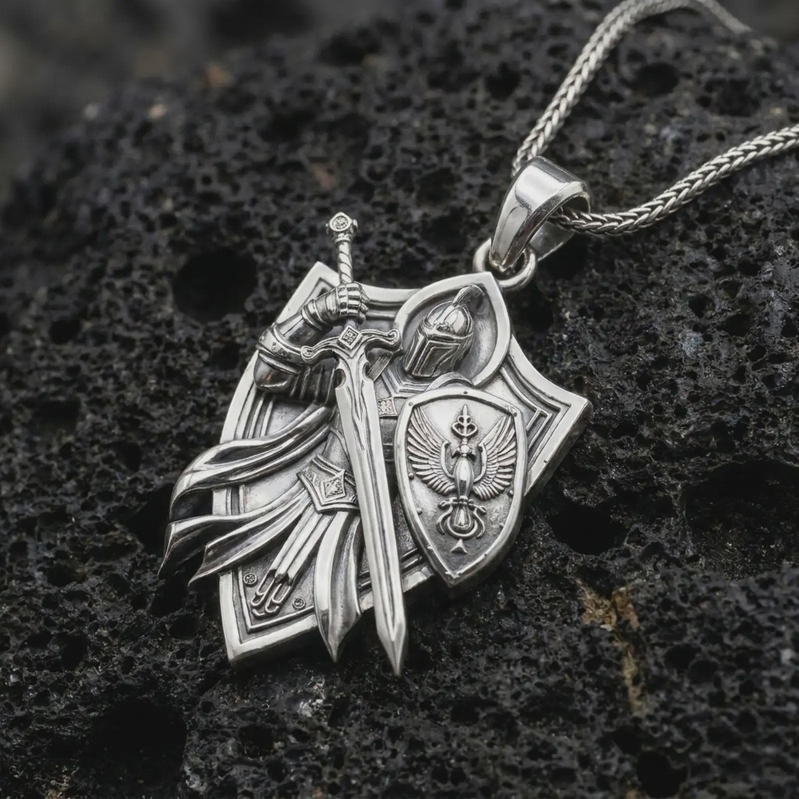 Polished silver knight and shield pendant on textured volcanic stone, macro close-up with premium studio lighting.