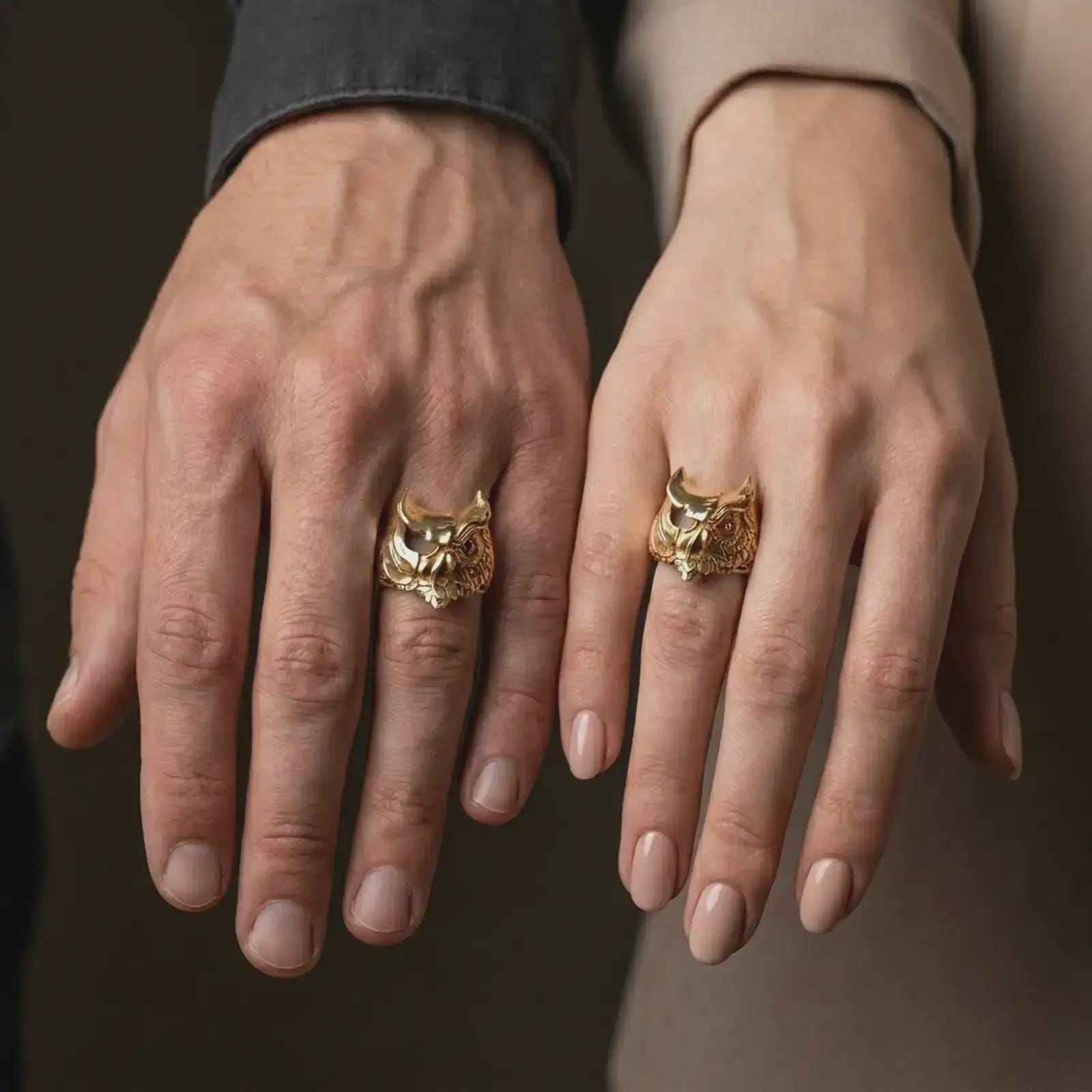 Gold plated owl ring worn on a finger in a close-up lifestyle frame, showcasing the bold signet profile.