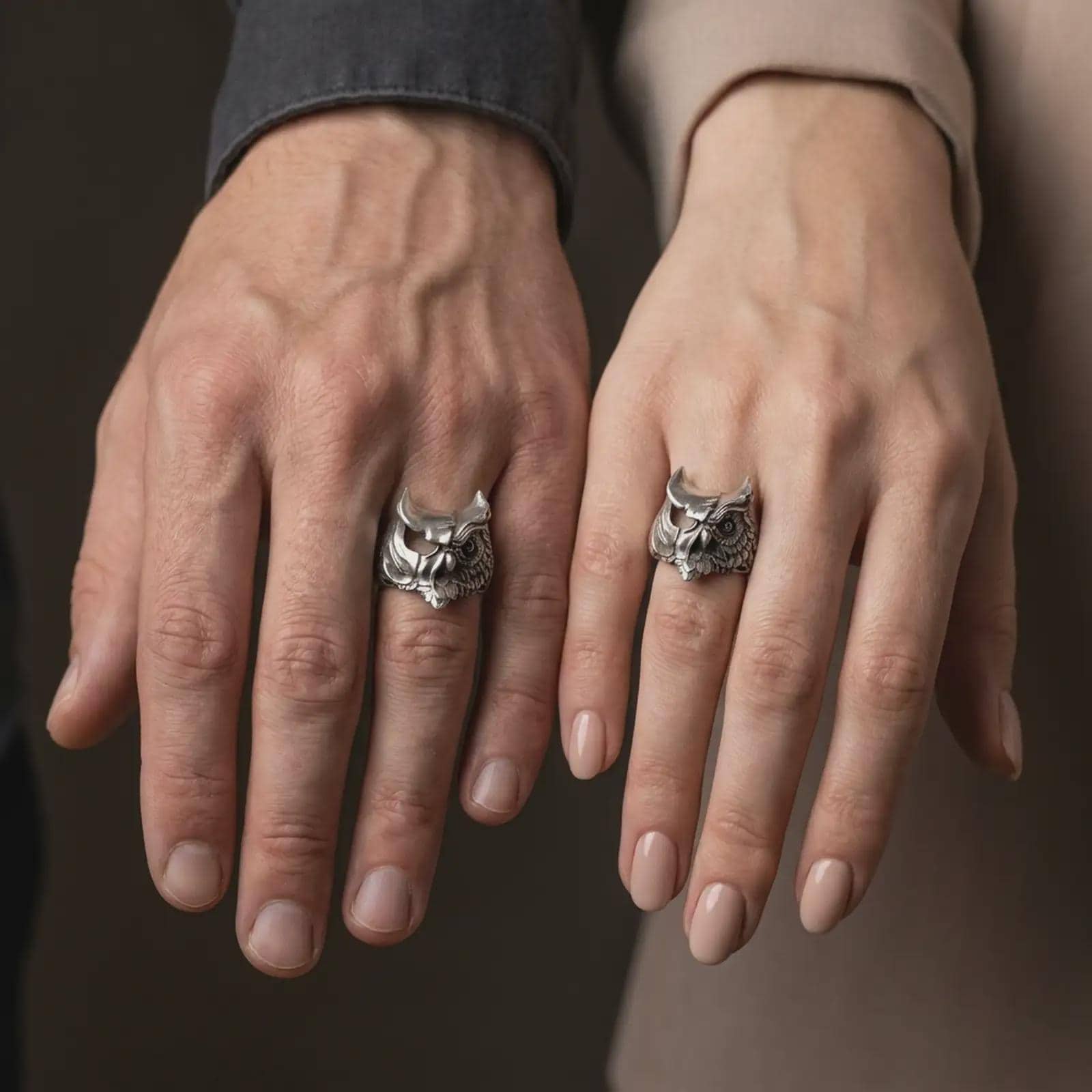 Oxidized sterling silver owl ring worn on a finger in a close-up lifestyle shot with a premium, minimalist aesthetic.