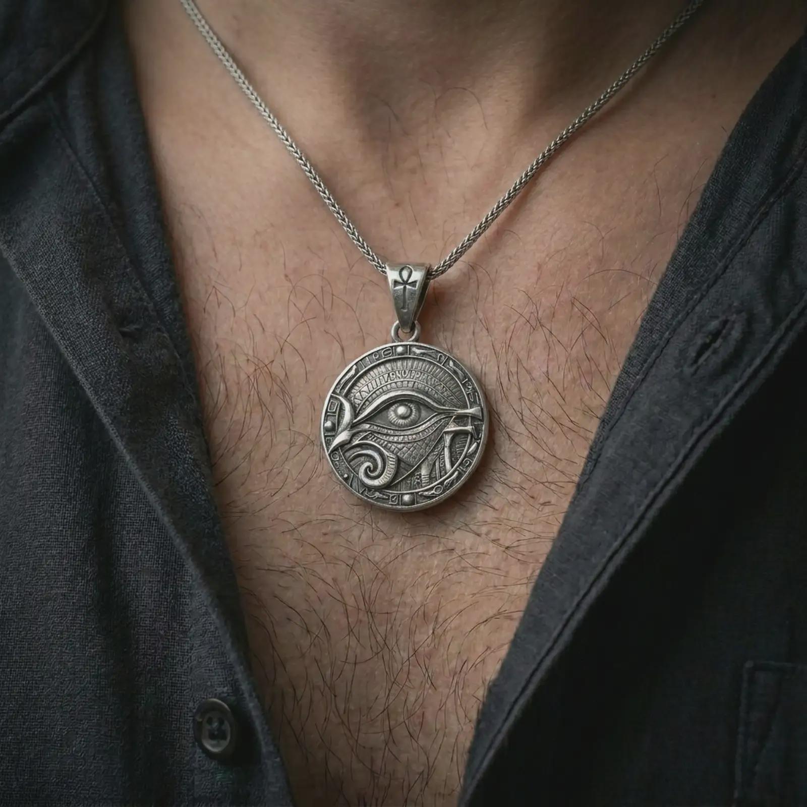 An oxidized Eye of Horus pendant is worn on the neck in a close-up lifestyle shot, centered on the chest as a bold Egyptian symbol necklace.