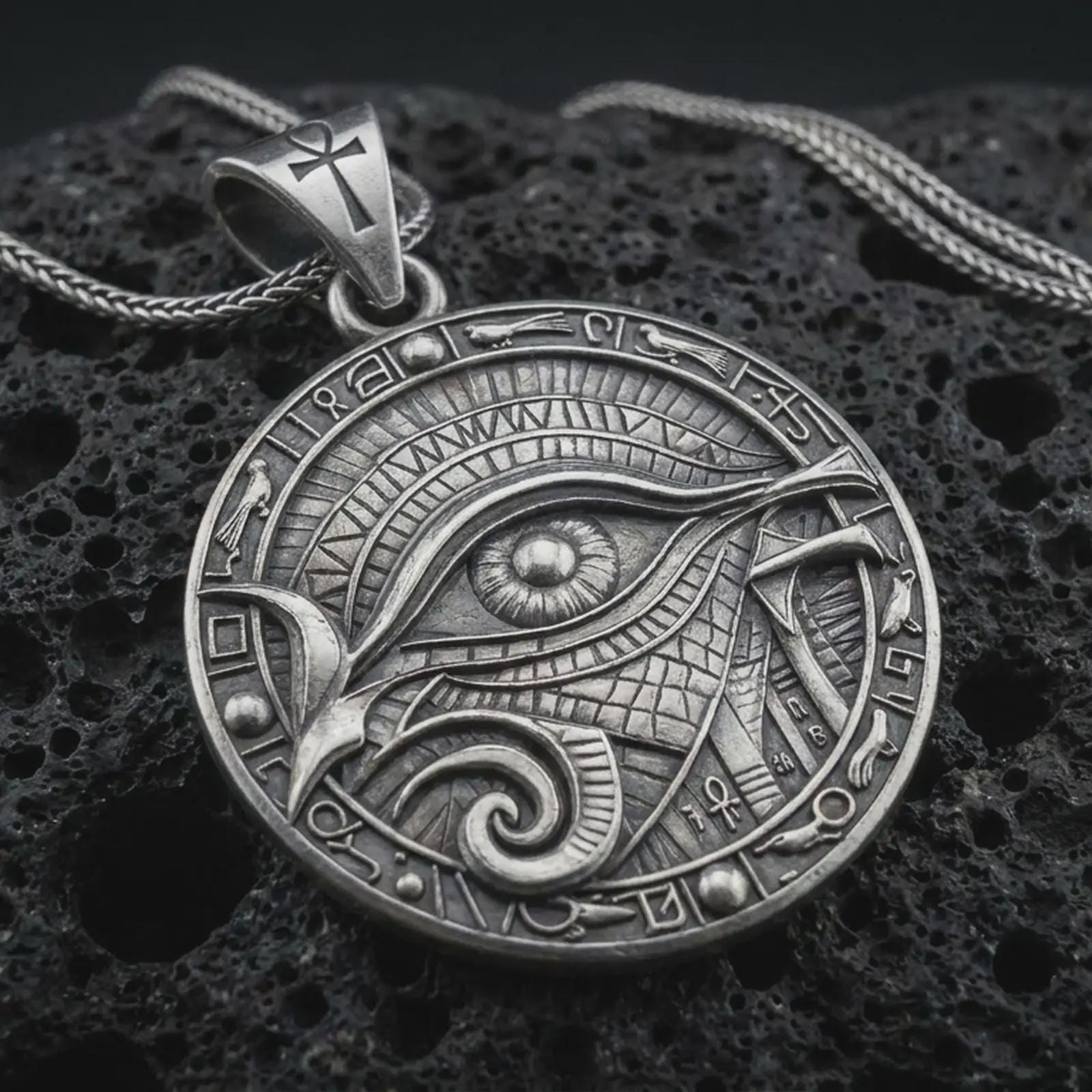 An oxidized Eye of Horus pendant rests on dark volcanic rock in a macro studio close-up, showing Egyptian-inspired details and a bold protection symbol.