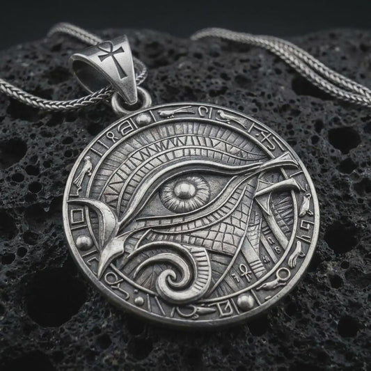 An oxidized Eye of Horus pendant rests on dark volcanic rock in a macro studio close-up, showing Egyptian-inspired details and a bold protection symbol.