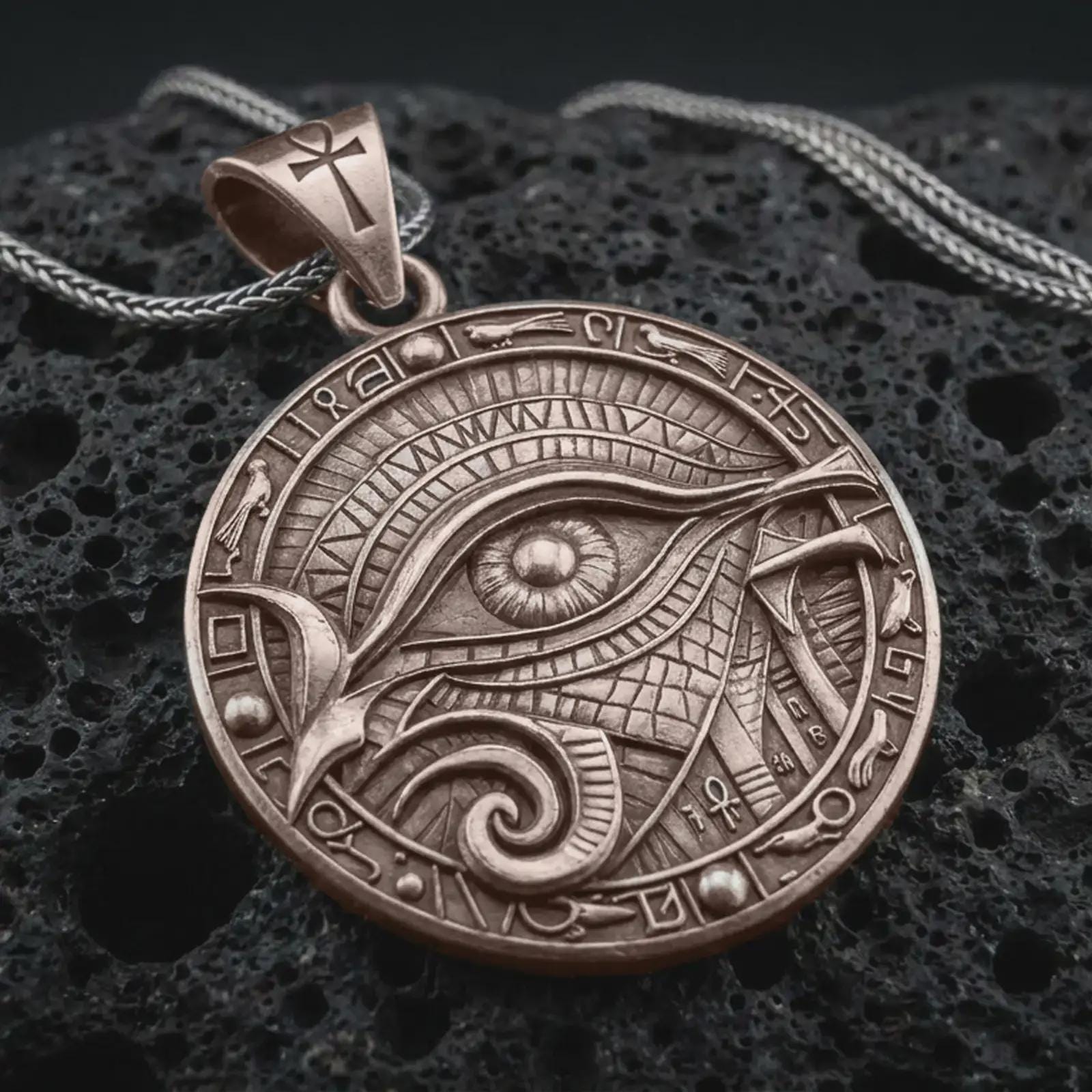 A Bronze Eye of Horus pendant rests on dark volcanic rock in a macro studio close-up, showing Egyptian-inspired details and a bold protection symbol.
