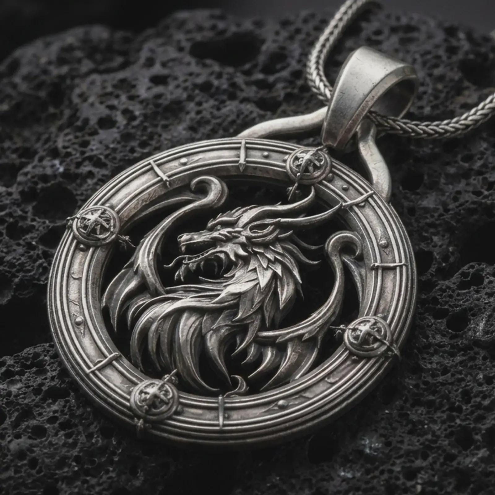 An oxidized dragon pendant rests on dark volcanic rock in a macro studio close-up, showing a fierce mythical creature inside a detailed round frame.