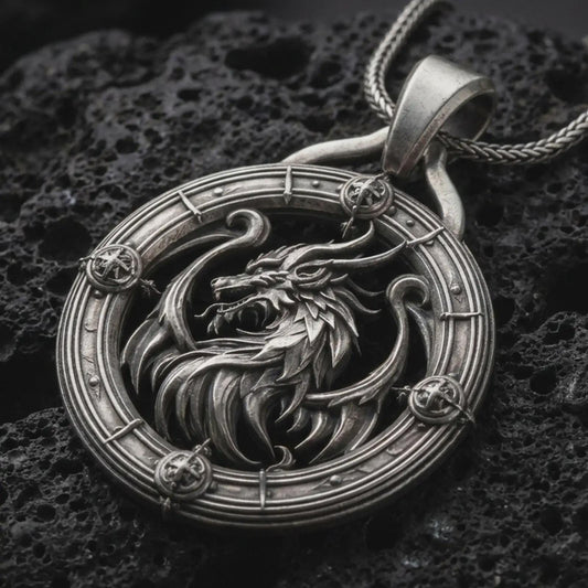An oxidized dragon pendant rests on dark volcanic rock in a macro studio close-up, showing a fierce mythical creature inside a detailed round frame.