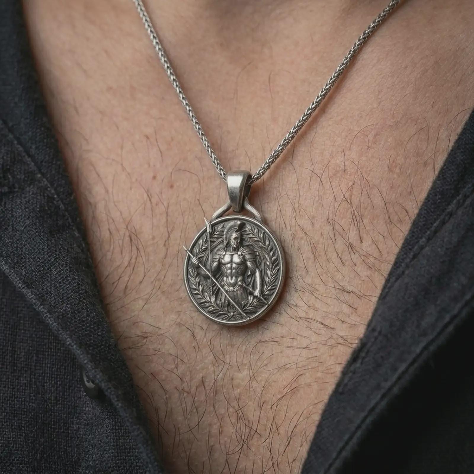 An oxidized Spartan warrior pendant is worn on the neck in a close-up lifestyle shot, centered on the chest as a bold ancient warrior amulet.