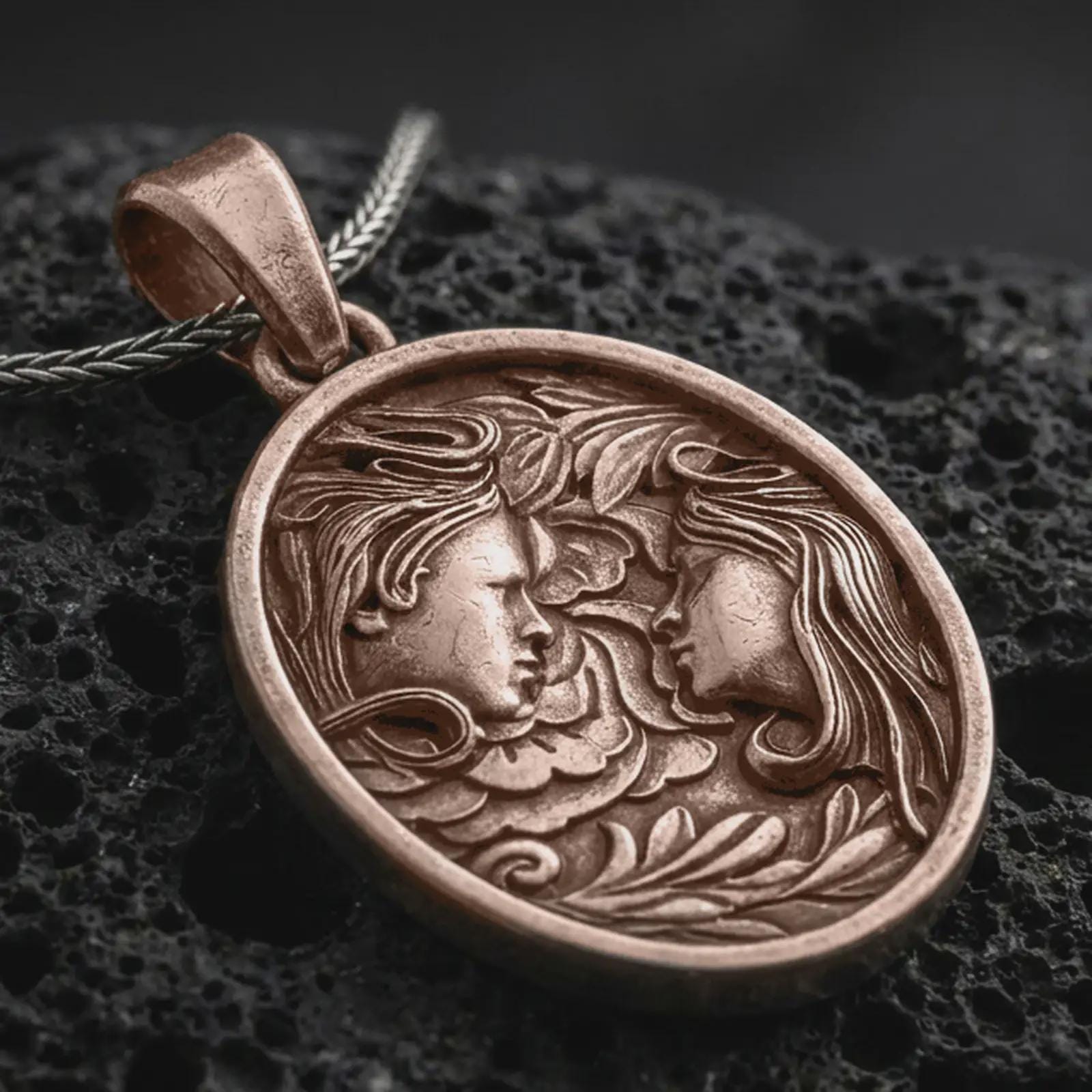 An Bronze Gemini pendant rests on dark volcanic rock in a macro studio close-up, showing two facing figures with floral details and a symbolic twin design.