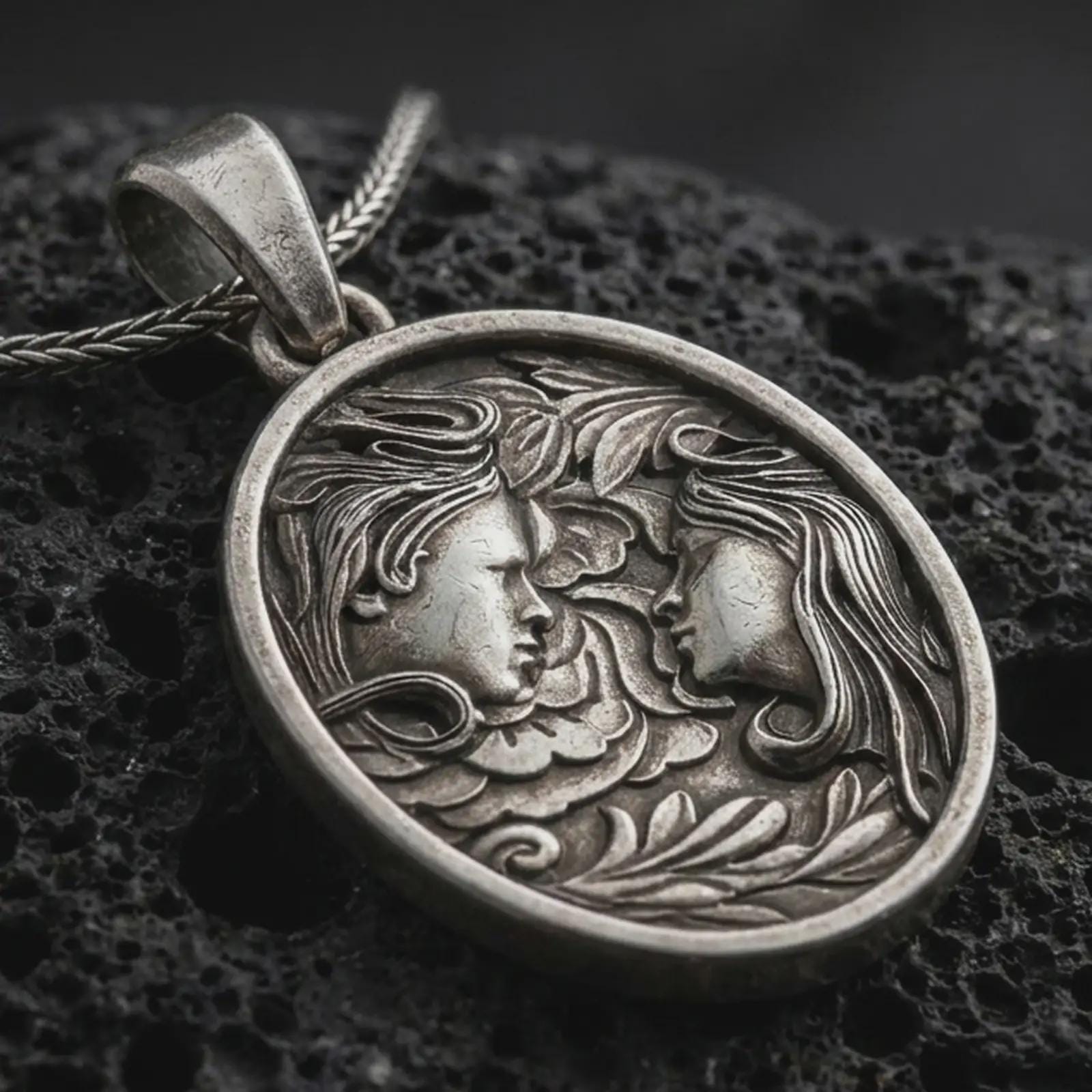 An oxidized Gemini pendant rests on dark volcanic rock in a macro studio close-up, showing two facing figures with floral details and a symbolic twin design.