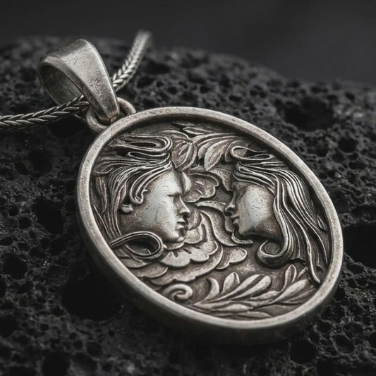 An oxidized Gemini pendant rests on dark volcanic rock in a macro studio close-up, showing two facing figures with floral details and a symbolic twin design.