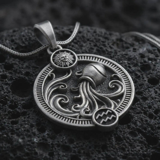 Oxidized Aquarius zodiac pendant necklace on textured volcanic rock, close-up studio shot highlighting the water bearer vessel, flowing waves, sun detail, and antique silver contrast.