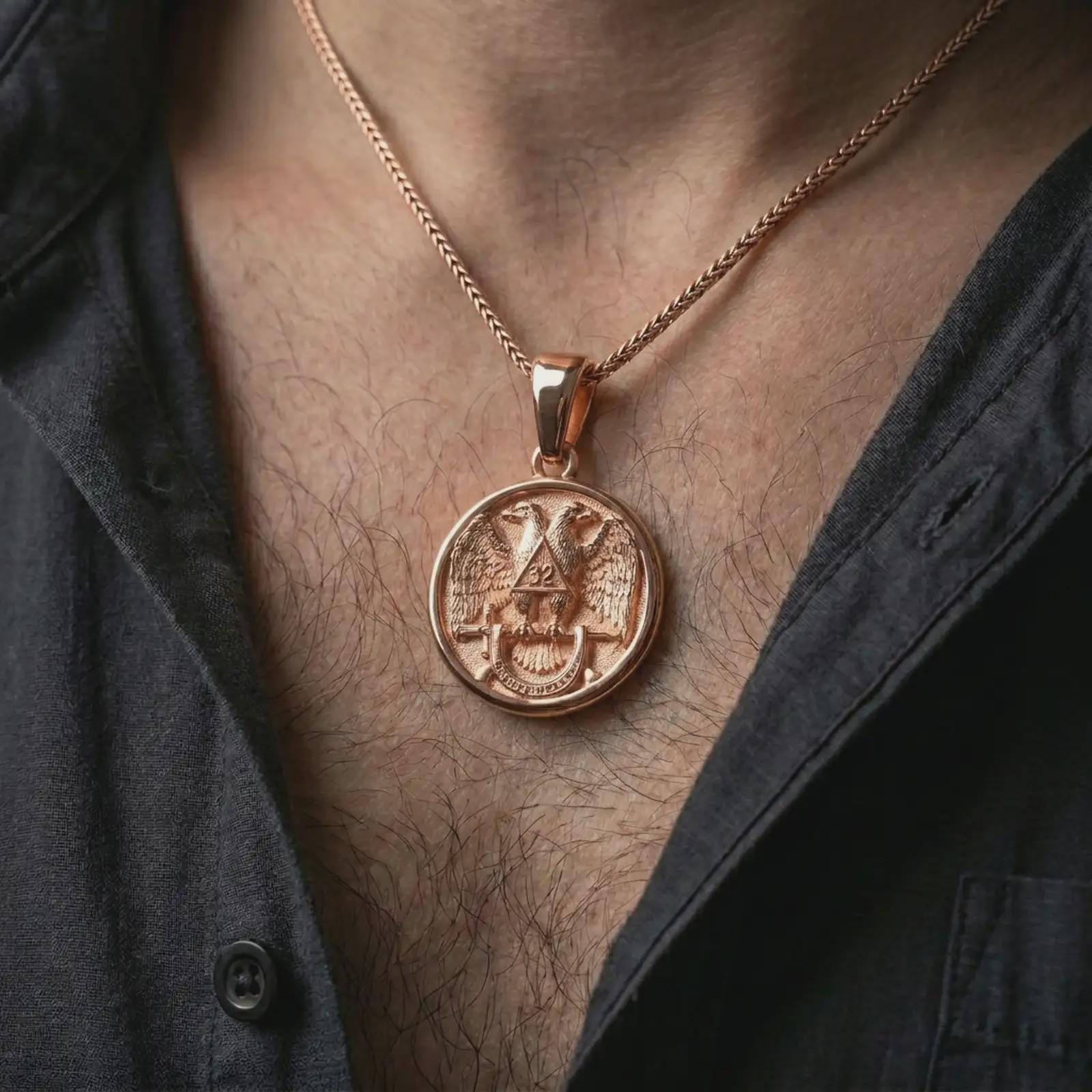 Rose gold plated Masonic double headed eagle pendant necklace worn on the chest, close-up lifestyle shot featuring the Masonic double headed eagle design with warm rose gold tones.