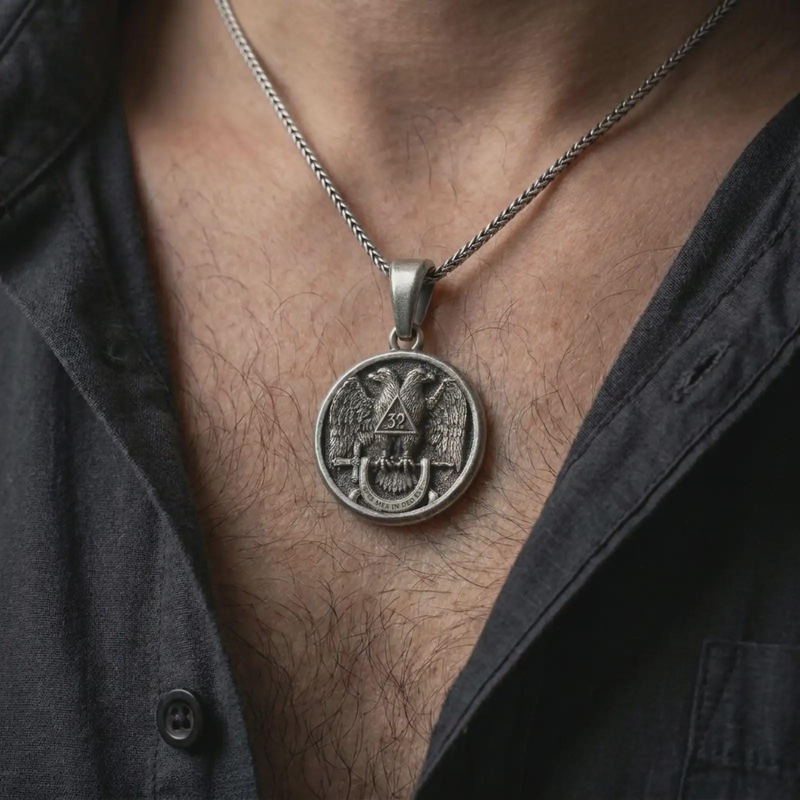 Oxidized Masonic double headed eagle pendant necklace worn on the chest, close-up lifestyle jewelry photo showing the 32nd degree medallion on a spiga chain with dark clothing.