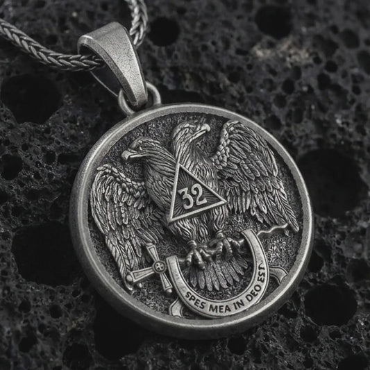 Oxidized Masonic double headed eagle pendant necklace on textured volcanic rock, close-up studio shot highlighting the 32nd degree emblem, wings, cross, motto banner, and antique silver contrast.