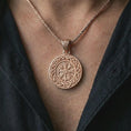 Load image into Gallery viewer, Rose gold plated Vegvisir Viking compass pendant necklace worn on the chest, close-up lifestyle shot featuring the Norse protection talisman with warm rose gold tones.
