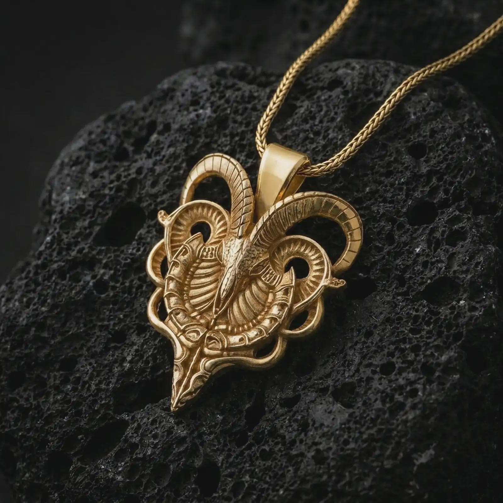 Gold plated biomechanical ram skull pendant necklace on textured volcanic rock, premium close-up studio composition emphasizing the mechanical ram skull, spiral horns, and gothic talisman design.