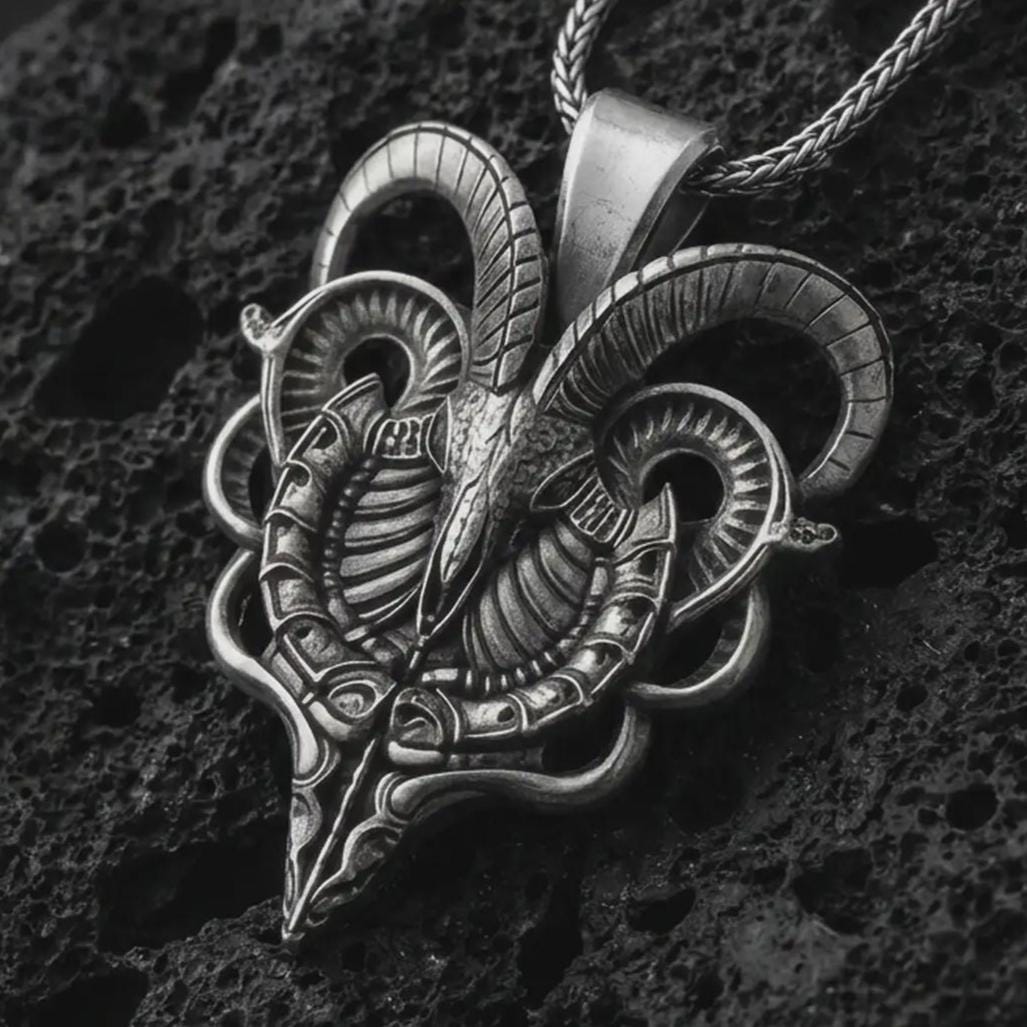 Oxidized biomechanical ram skull pendant necklace on textured volcanic rock, close-up studio shot highlighting the curved horns, skeletal ram face, cyber gothic details, and antique silver contrast.
