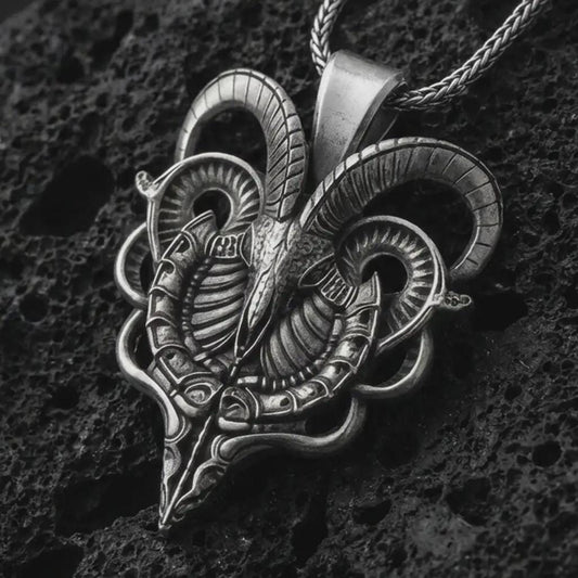 Oxidized biomechanical ram skull pendant necklace on textured volcanic rock, close-up studio shot highlighting the curved horns, skeletal ram face, cyber gothic details, and antique silver contrast.