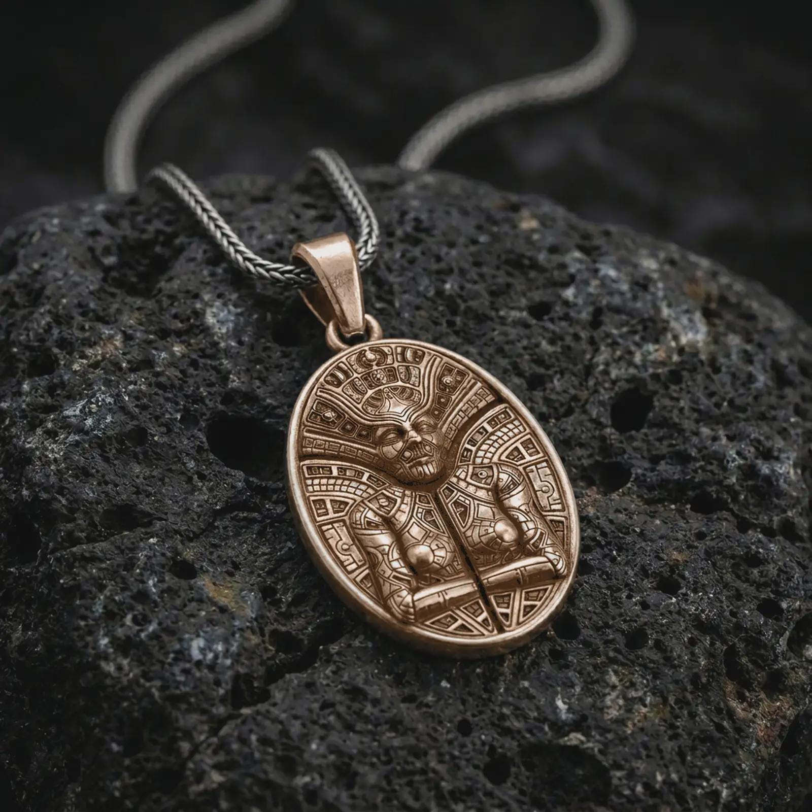 An Bronze Aztec mask pendant rests on dark volcanic rock in a macro studio close-up, showing an ancient warrior face with detailed tribal patterns.