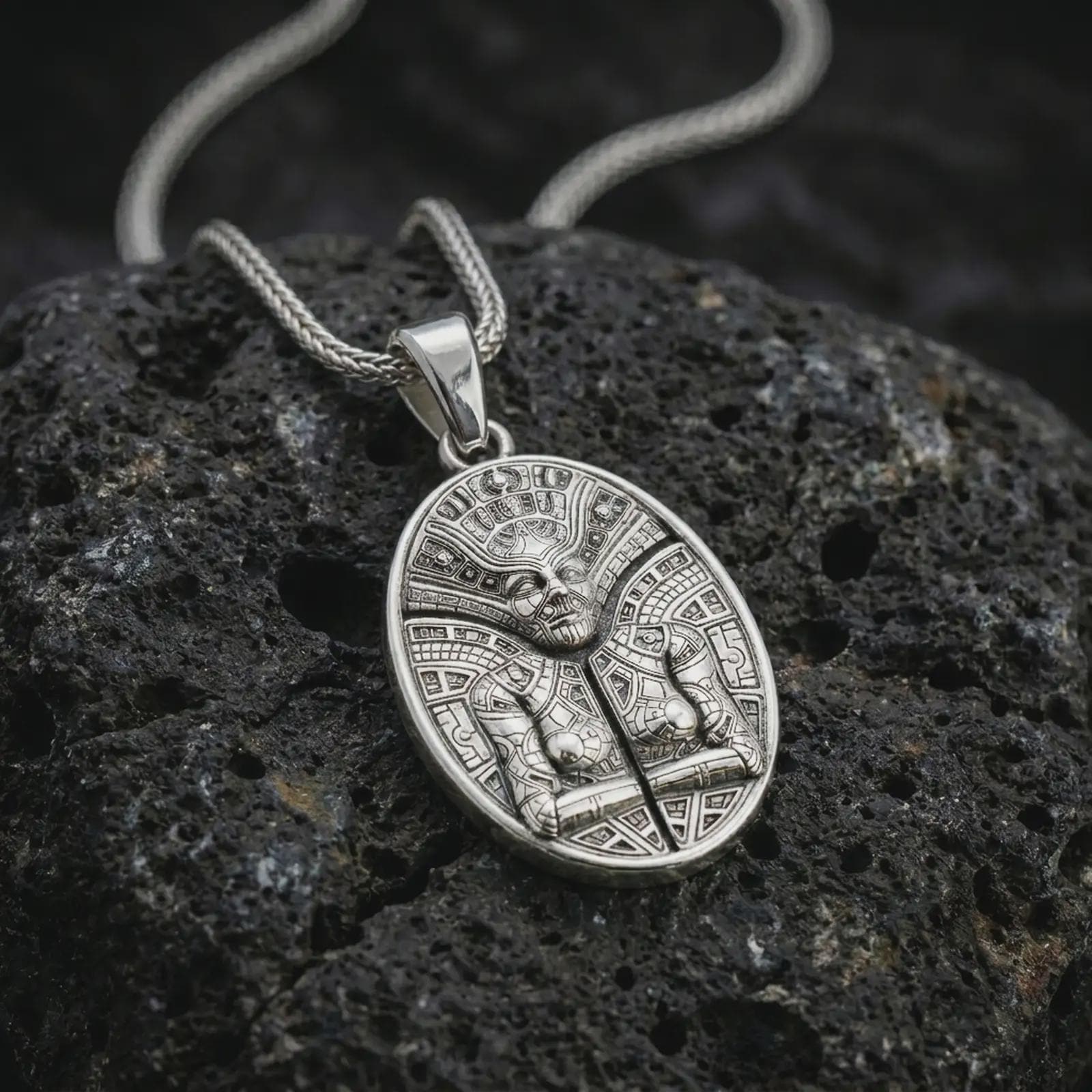 A polished silver Aztec mask pendant is displayed on black volcanic rock in a premium macro studio close-up with geometric Mayan-inspired engraving.
