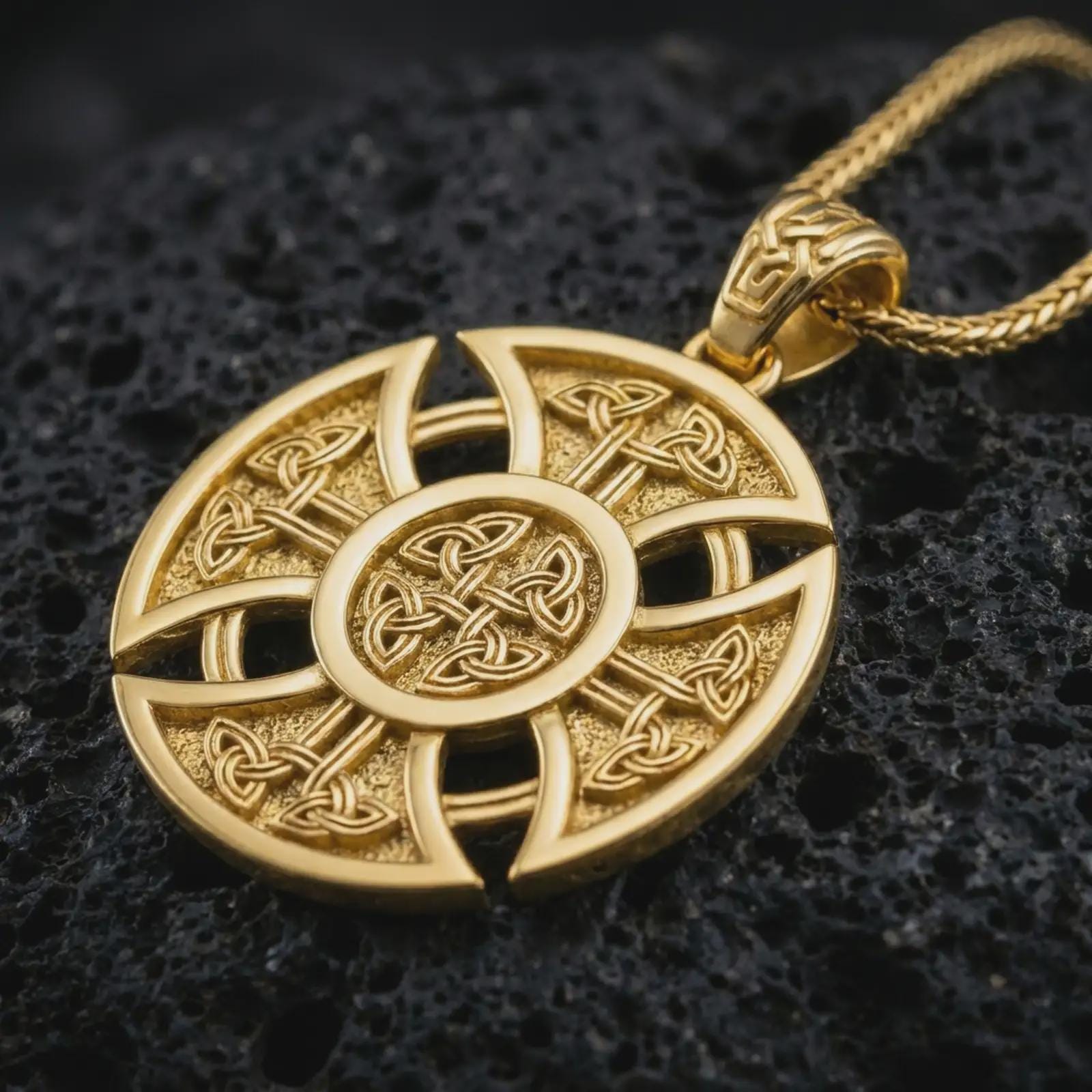 Gold plated Celtic cross pendant necklace on textured volcanic rock, premium close-up studio composition emphasizing the woven Norse knots, round medallion frame, and symbolic cross design.