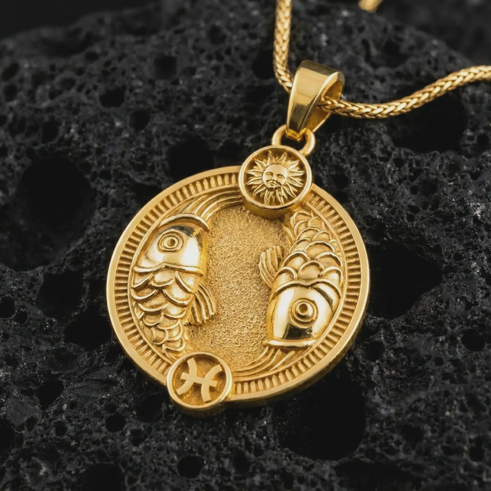 Gold plated Pisces zodiac pendant necklace on textured volcanic rock, premium close-up studio composition emphasizing the paired fish, sun motif, and astrology medallion design.