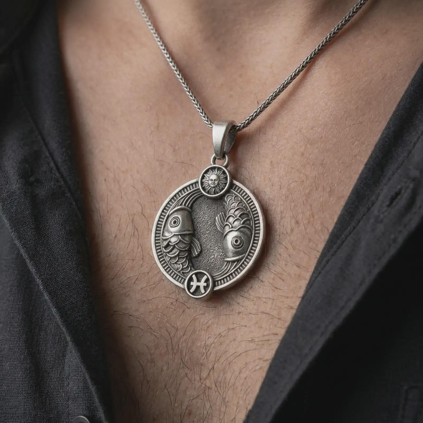Oxidized Pisces zodiac pendant necklace worn on the chest, close-up lifestyle jewelry photo showing the astrology medallion on a spiga chain with dark clothing.
