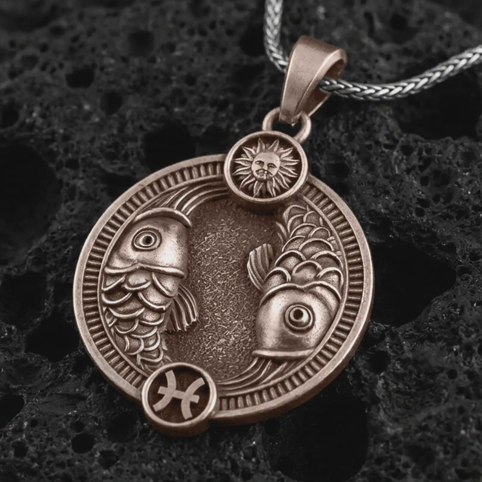 Bronze Pisces zodiac pendant necklace on textured volcanic rock, close-up studio shot highlighting the twin fish, sun detail, Pisces symbol, and antique silver contrast.