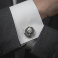 Load image into Gallery viewer, Oxidized gorilla cufflinks worn on a suit cuff, close-up lifestyle jewelry photo showing the roaring ape design with dark formal fabric.
