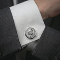 Load image into Gallery viewer, Polished silver gorilla cufflinks worn on a suit cuff, masculine lifestyle shot highlighting the bright silver finish, octagonal frame, and sculpted primate relief.
