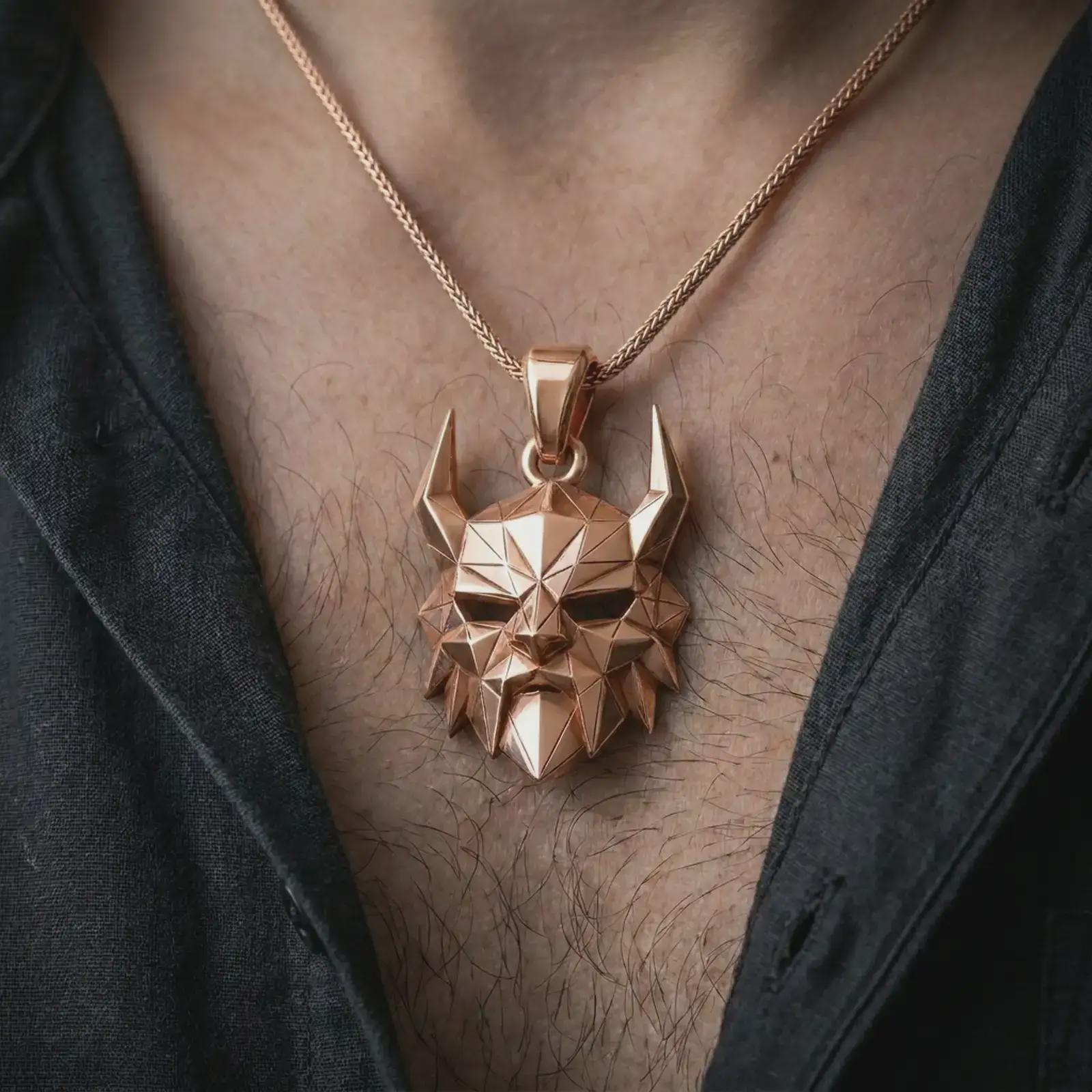 A rose gold plated Surtur pendant is worn on the neck in a close-up lifestyle composition, highlighting its geometric fire giant motif and dramatic fantasy character.
