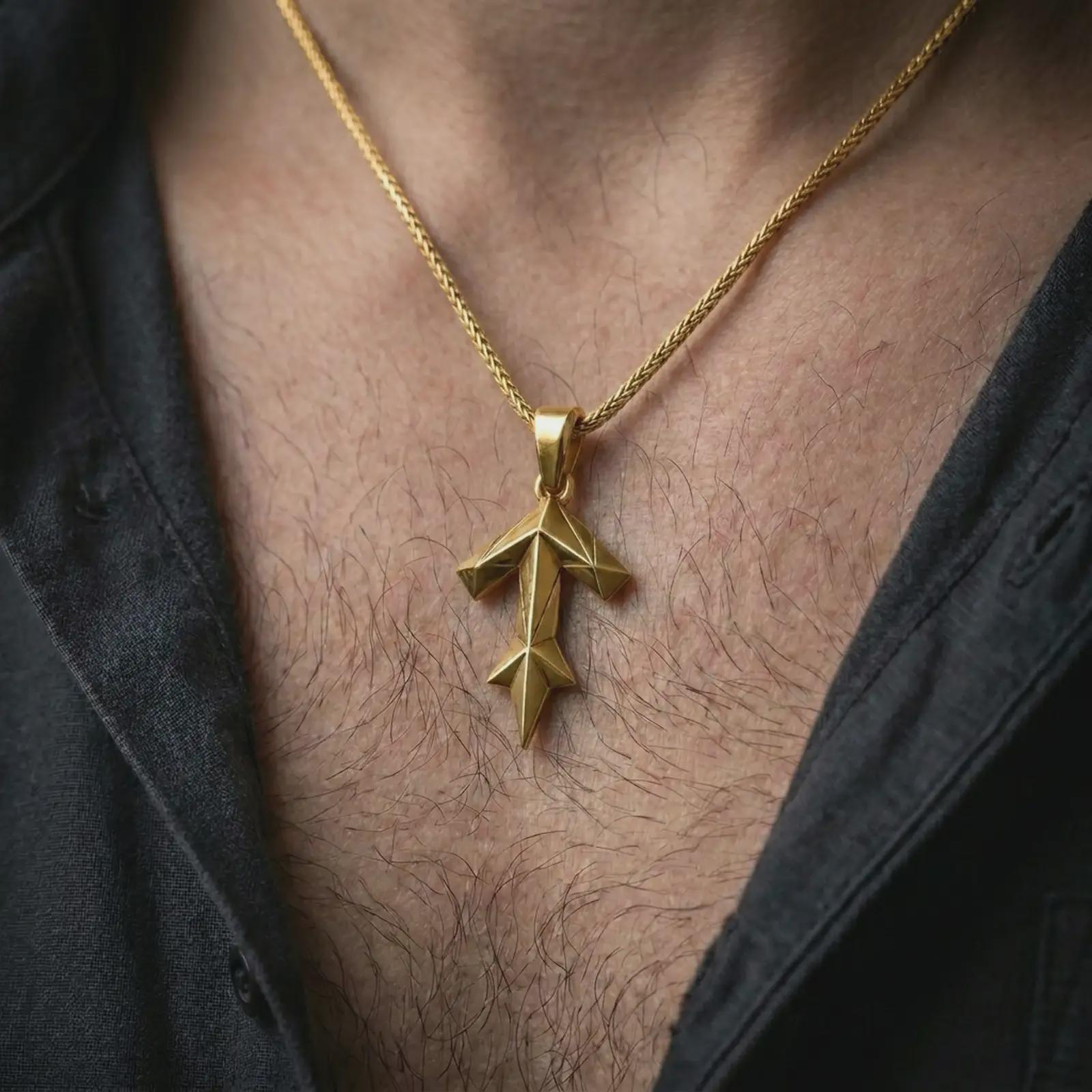 A gold plated Tyr rune pendant is worn on the neck in a close-up lifestyle shot, styled as a powerful Viking symbol gift for men.