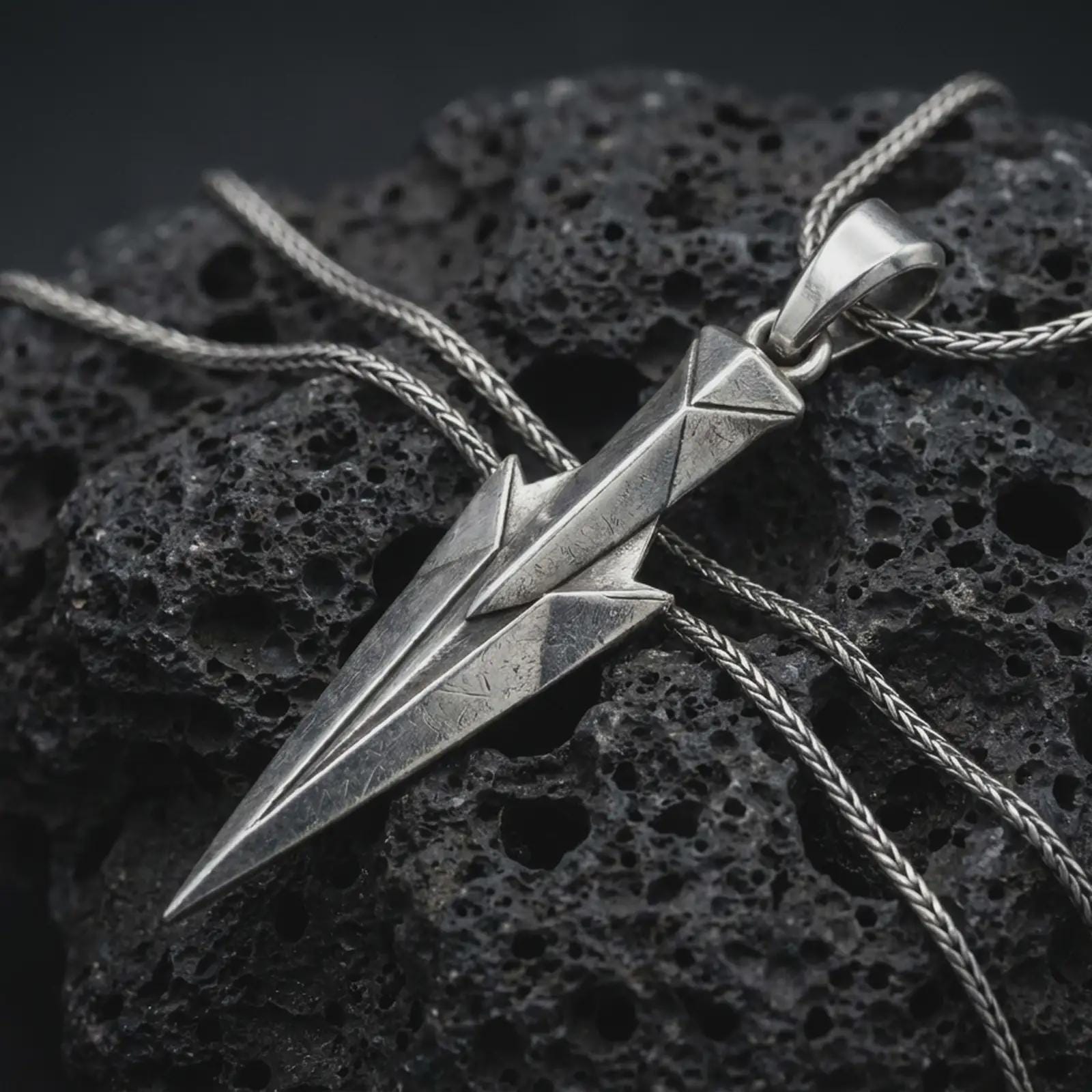 An oxidized Gungnir pendant rests on dark volcanic rock in a macro studio close-up, showing Odin’s spear in a sharp geometric Norse design.