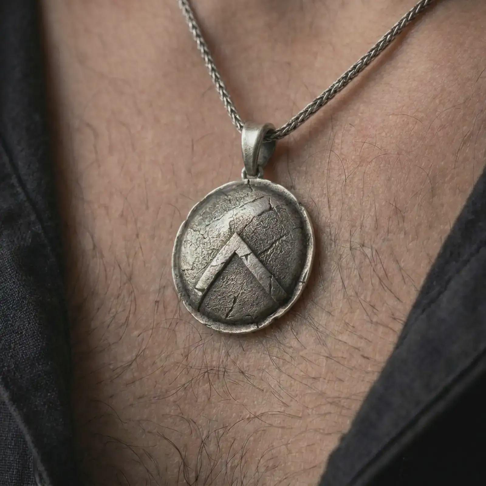 Oxidized Spartan shield pendant necklace worn on the chest, close-up lifestyle jewelry photo showing the ancient warrior medallion on a spiga chain with dark clothing.