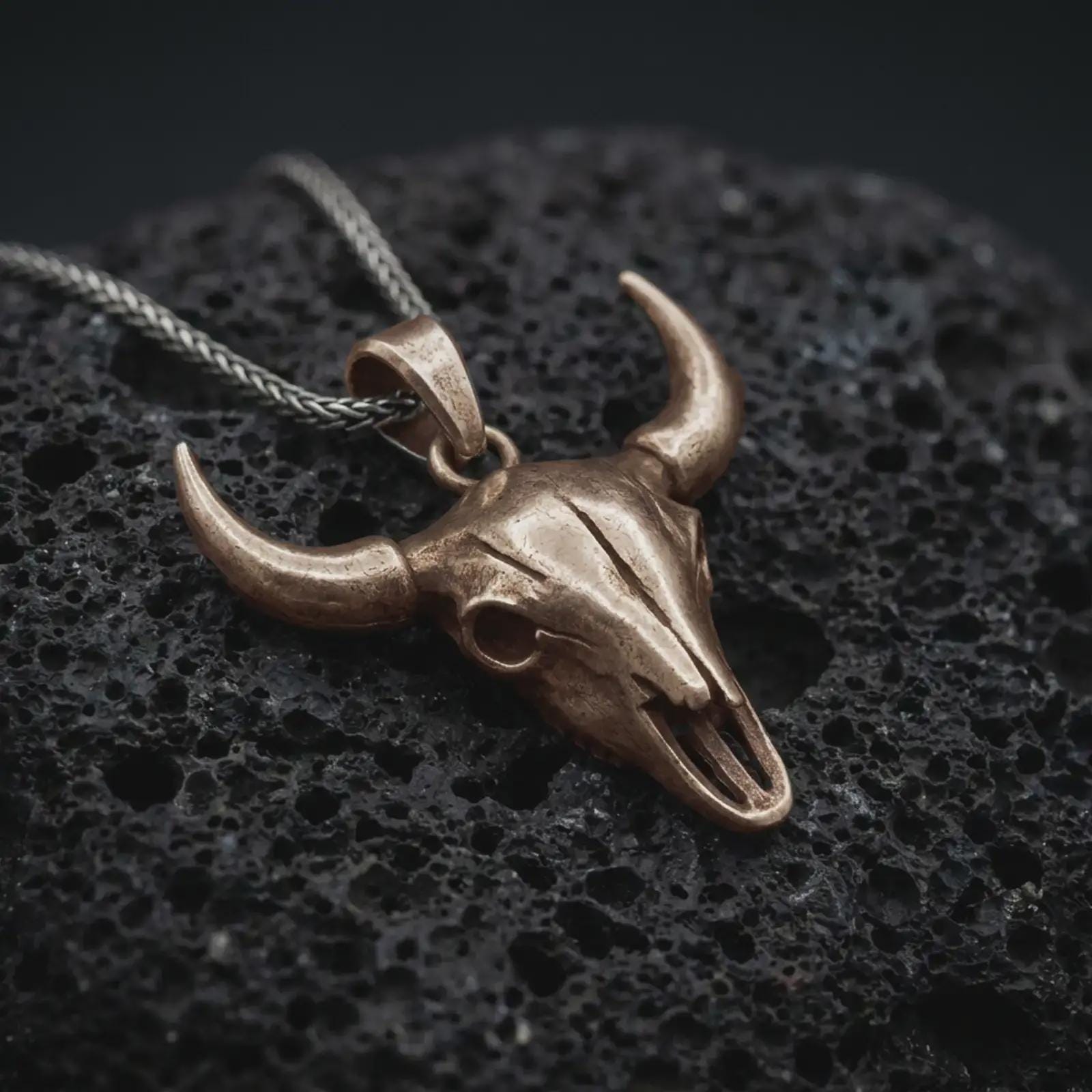 Bronze bull skull pendant necklace on textured volcanic rock, close-up studio shot highlighting the long horns, hollow skull form, western design, and antique silver contrast.