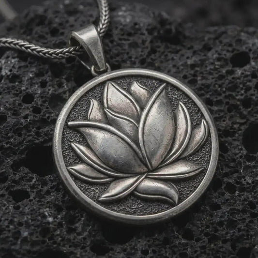 Oxidized lotus flower pendant necklace on textured volcanic rock, close-up studio shot highlighting the layered petals, round medallion frame, textured background, and antique silver contrast.