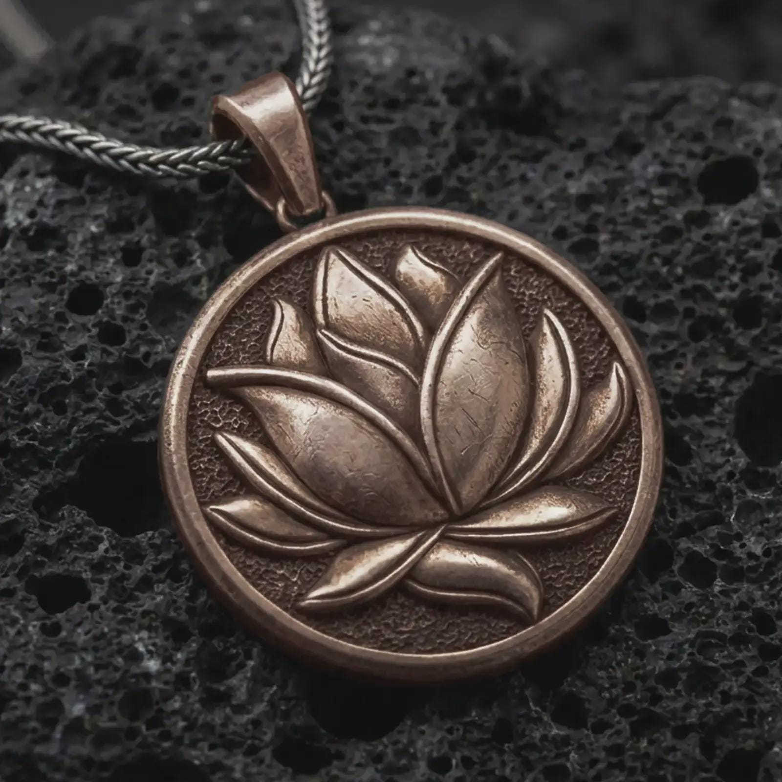Bronze lotus flower pendant necklace on textured volcanic rock, close-up studio shot highlighting the layered petals, round medallion frame, textured background, and antique silver contrast.
