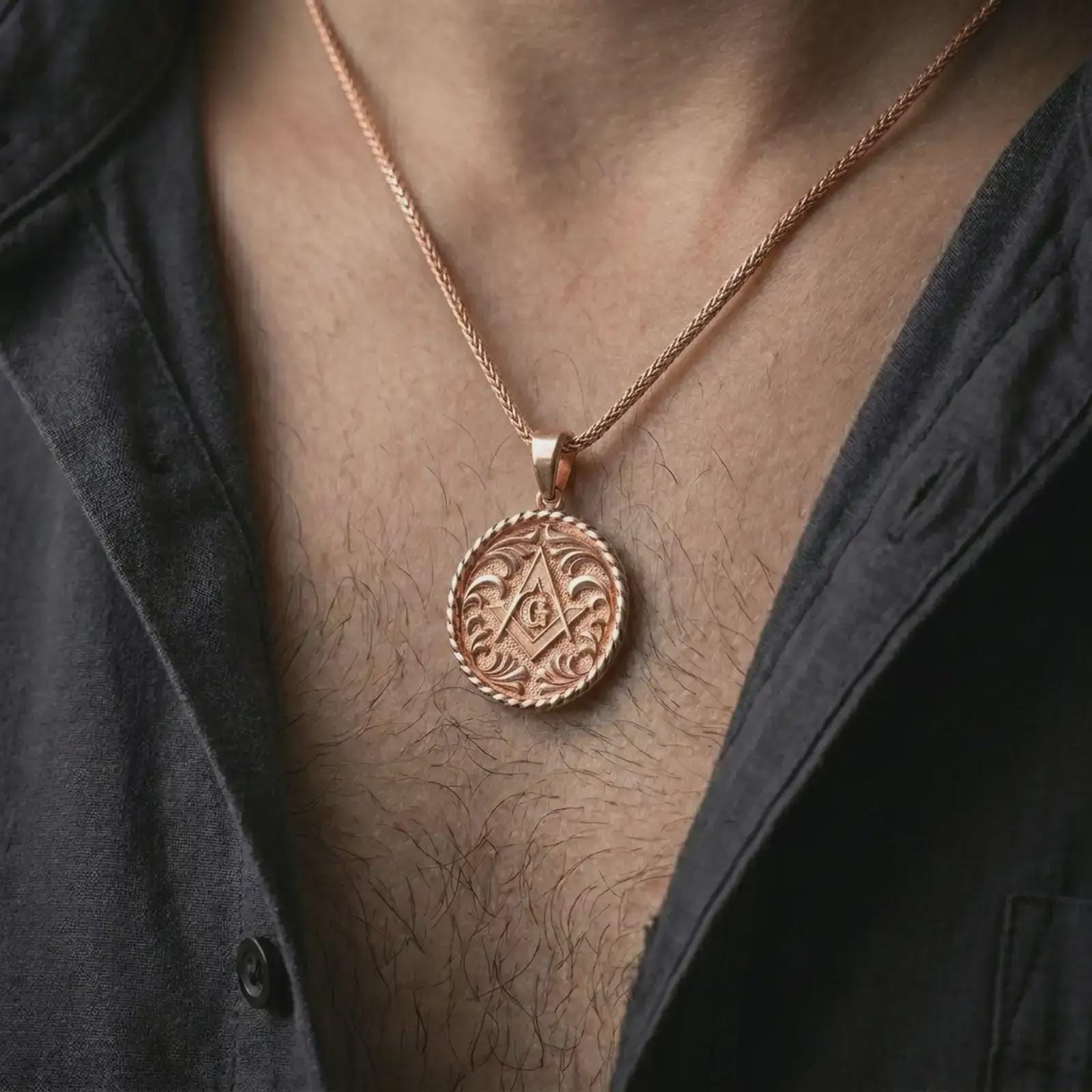 Rose gold plated Masonic pendant necklace worn on the chest, close-up lifestyle shot featuring the symbolic Masonic design with warm rose gold tones.