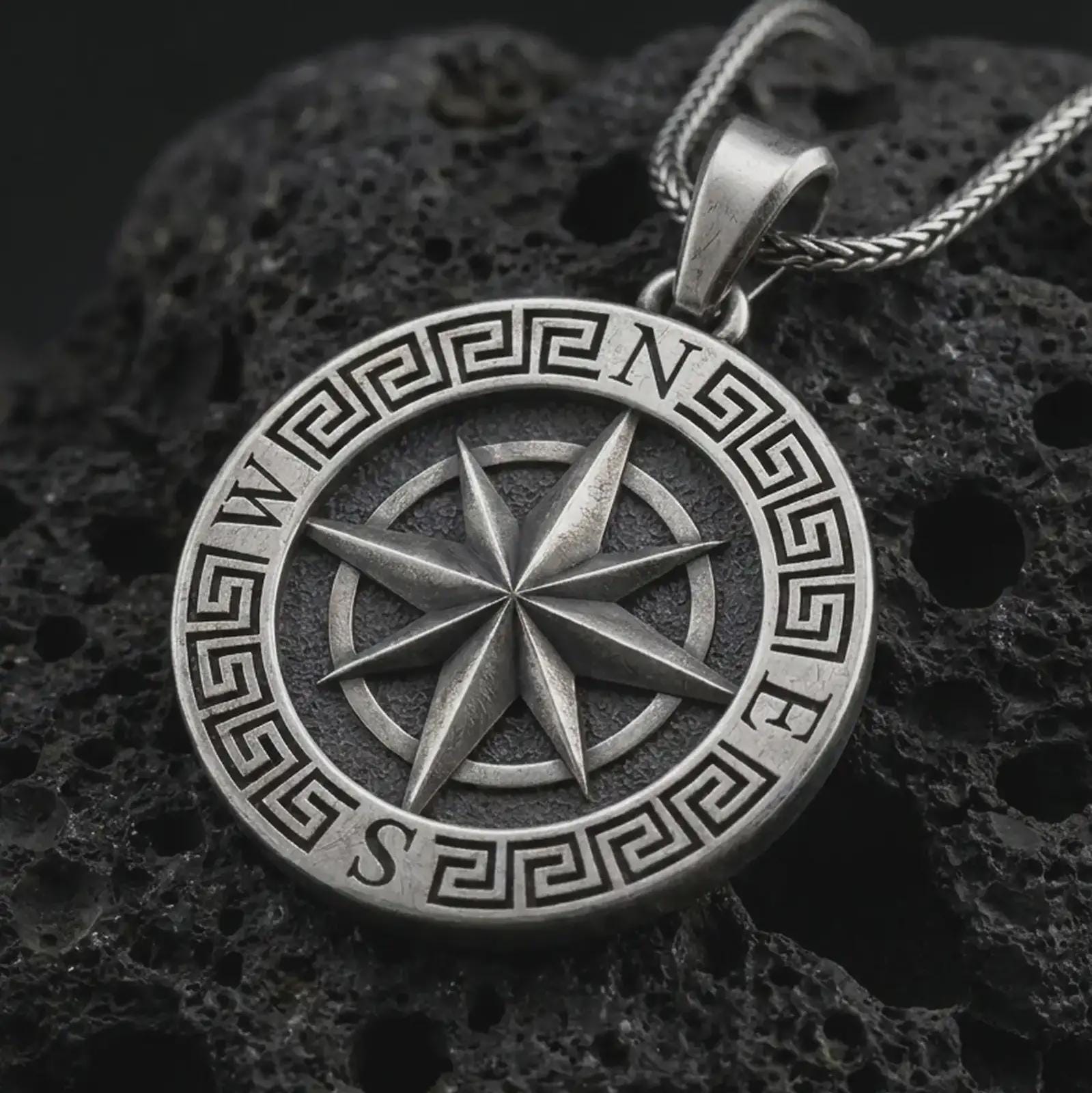 Oxidized Greek compass pendant necklace on textured volcanic rock, close-up studio shot highlighting the raised compass rose, north south letters, Greek key border, and antique silver contrast.