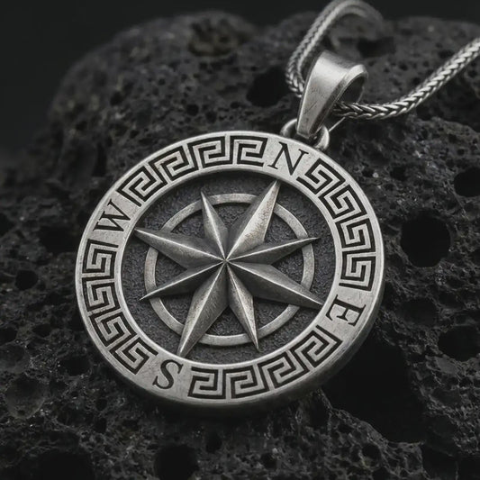 Oxidized Greek compass pendant necklace on textured volcanic rock, close-up studio shot highlighting the raised compass rose, north south letters, Greek key border, and antique silver contrast.
