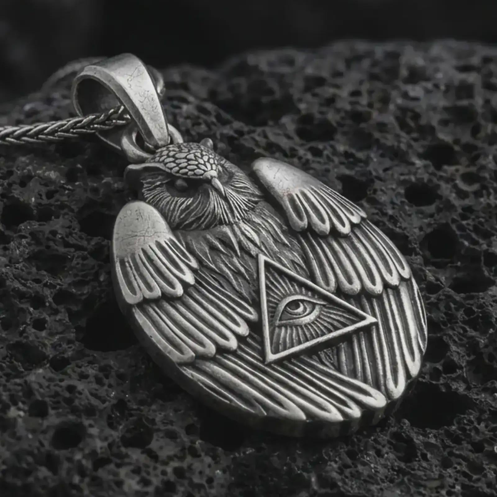 Oxidized owl all-seeing eye pendant necklace on textured volcanic rock, close-up studio shot highlighting the winged owl relief, triangle eye symbol, feather details, and antique silver contrast.